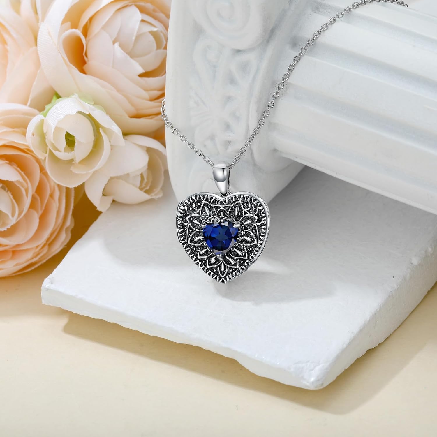 Heart Photo Locket Necklace 925 Sterling Silver Birthstone Gemstone That Holds 2 Pictures Locket Necklace Jewelry Gifts for Mother Women Mom Mother's Day Christmas Birthday