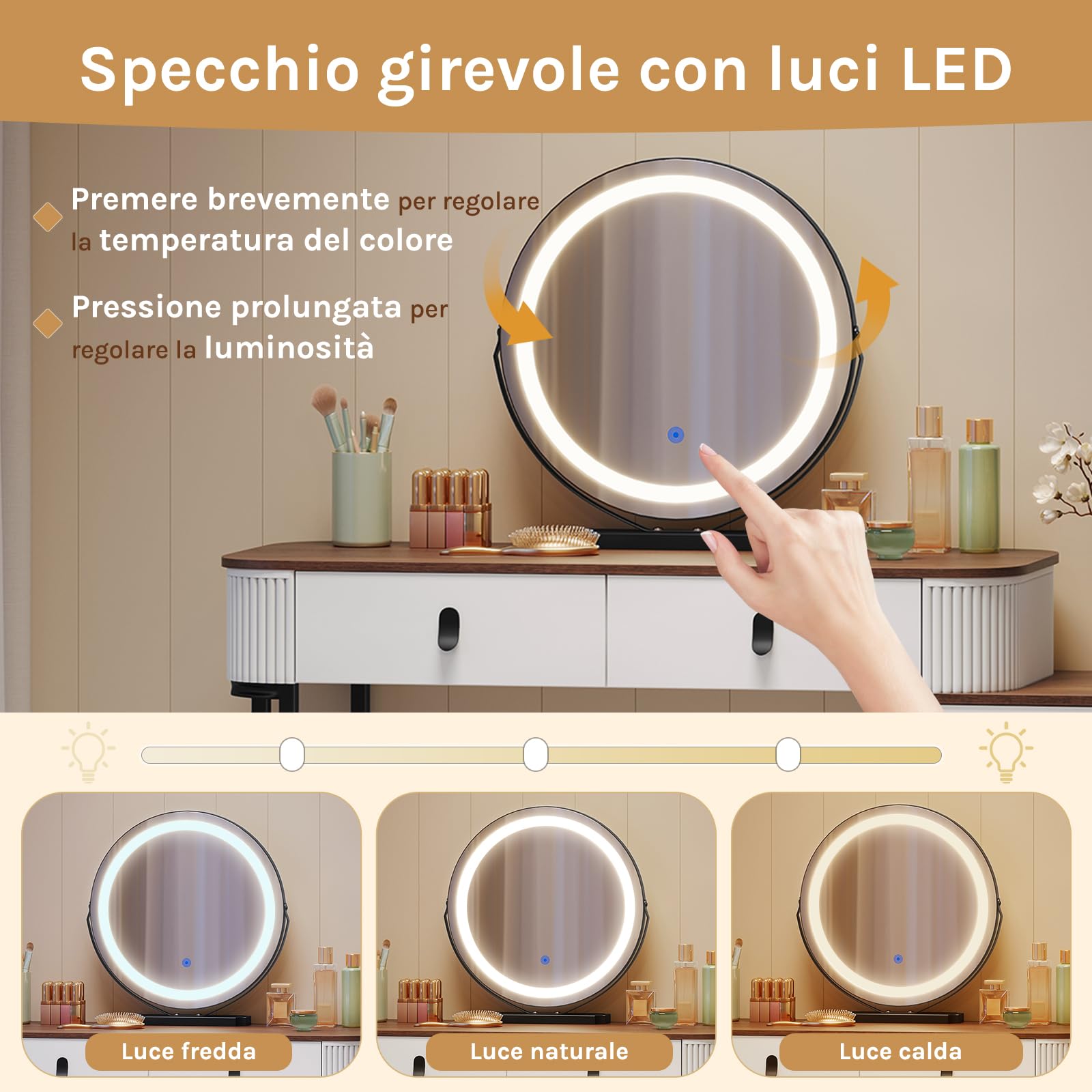 WOLTU Postazione Trucco, Toeletta con Luci Dimmerabili, con Specchio Rimovibile, Consolle da Trucco per Donna, Cassettiera Spostabile