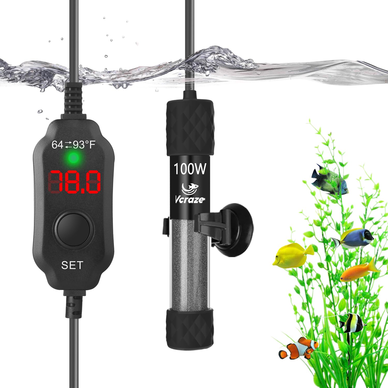 VCRAZE 100W Compact Adjustable Aquarium Heater with Dry-Run & Overheat Protection