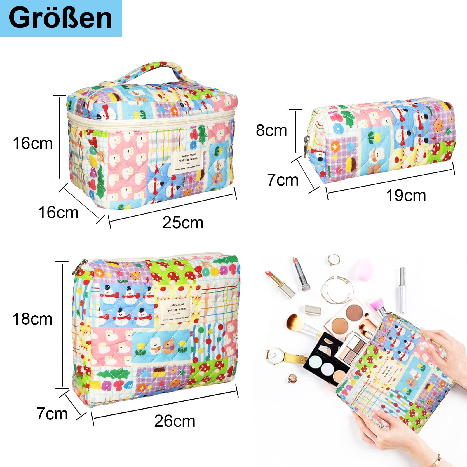 Women's Cosmetic Bag Set of 3 Travel Makeup Bag Made of Cotton, Flower Pattern Make-Up Bag, K-03, Fresh and sweet - Image 2