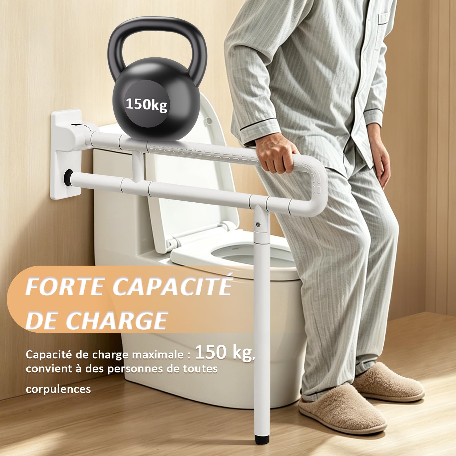 YUCHENGTECH Barre D'appui WC Rabattable Blanc 70cm Supporte 150kg | Barre de WC Pour Handicapés Barre de Maintien Toilette Inox pour Handicapées, Personnes âgées et Enceintes