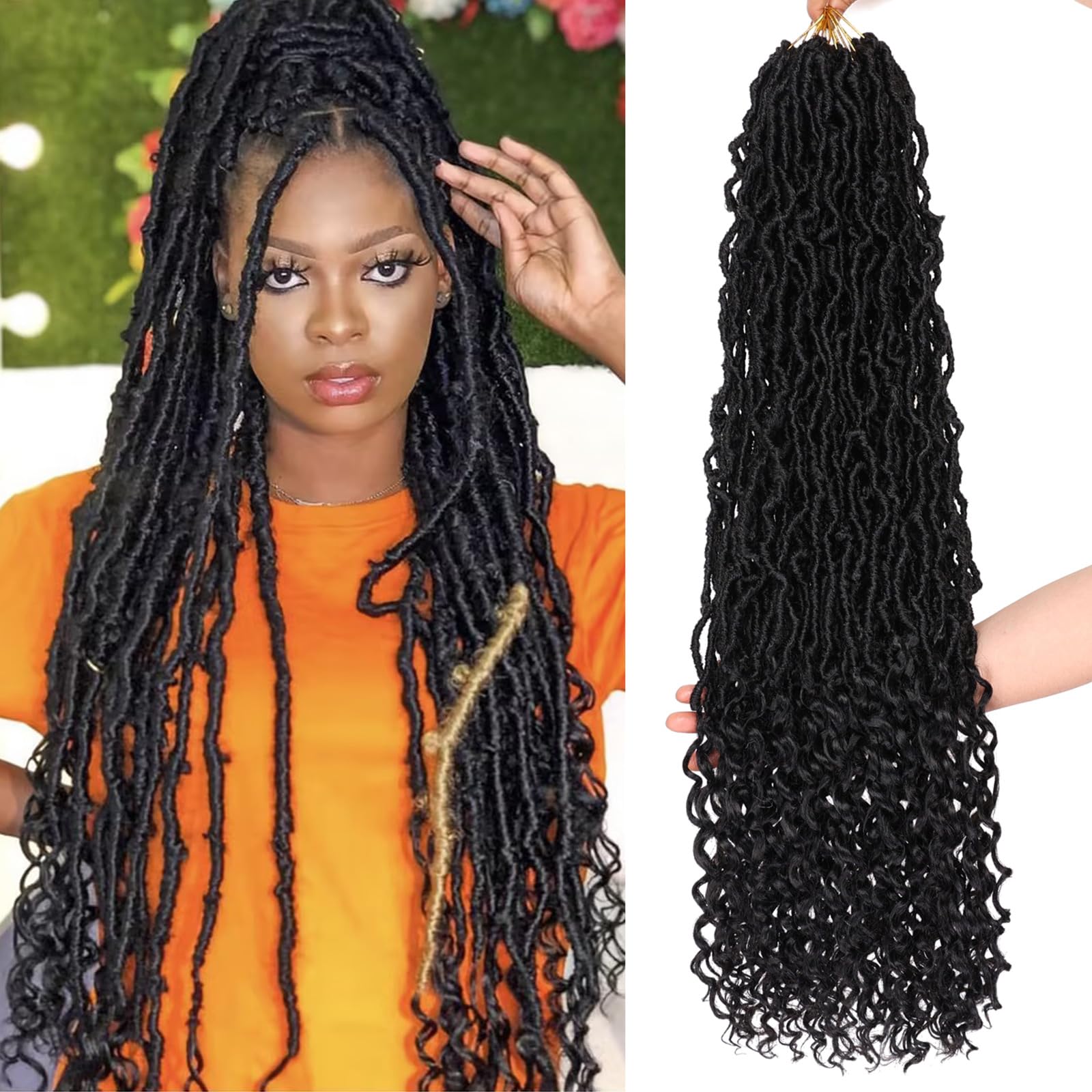 Leeven 30 Inch Long Bohemian Goddess Locs Crochet Hair 7 Packs Natural Black Soft Faux Locs Crochet Hair With Curly Ends 1B# Synthetic Wavy Crochet