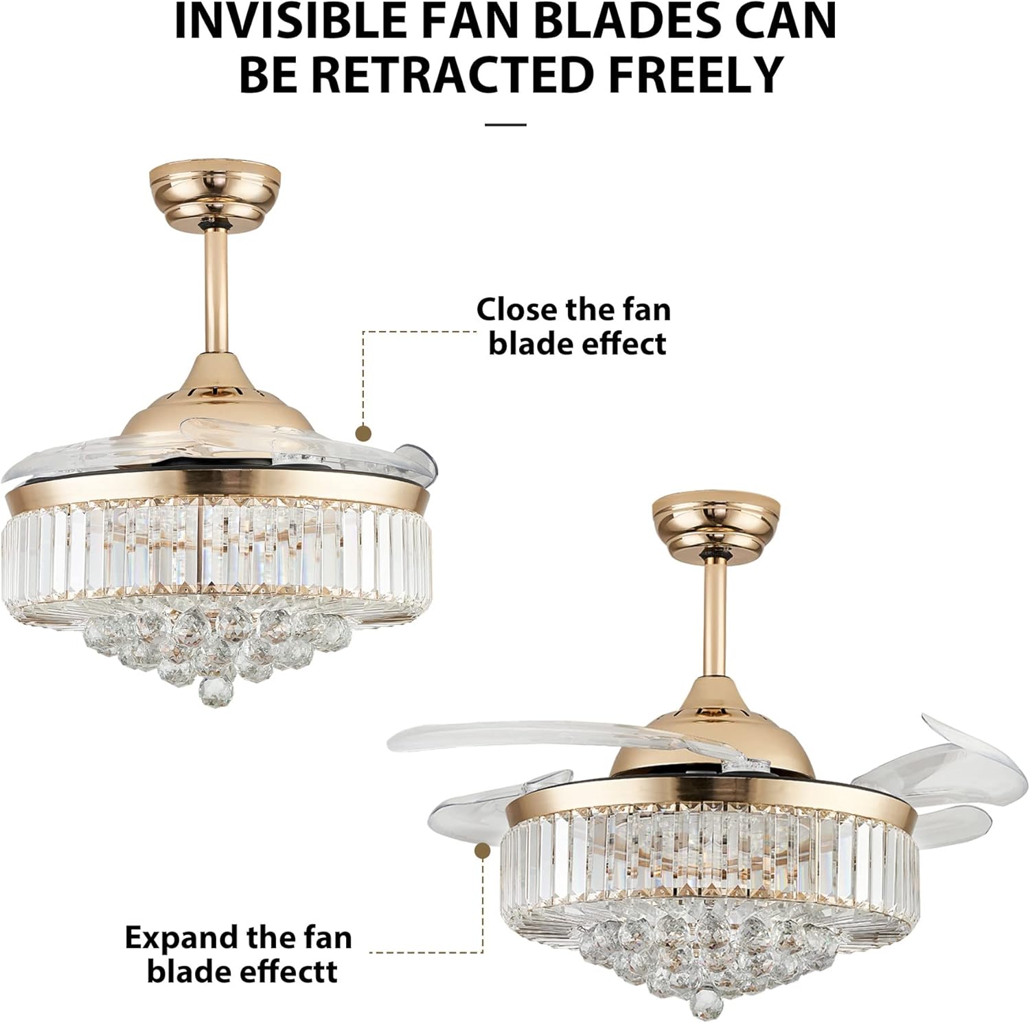 42” Chandelier Ceiling Fan Lighting Dimmable Remote Control Fandeliers Crystal Ceiling Fan with Lights for Bedroom Living Room Speed 3 Light (Gold