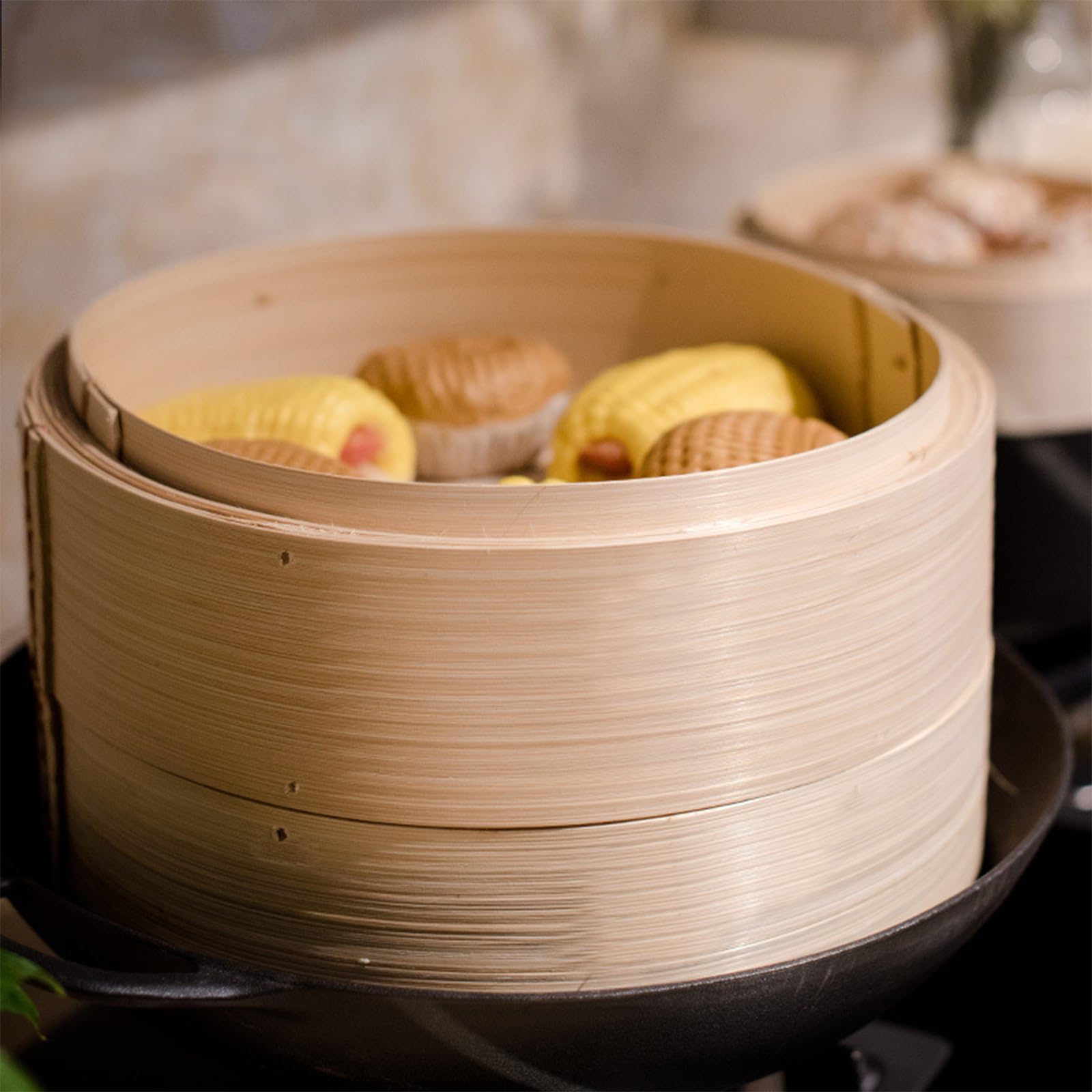 Cestello per cottura a vapore in bambù, 15 cm, a due livelli, con coperchio in bambù e 2 cestini in bambù, ideale per cucina asiatica, panini, gnocchi, verdure, pesce