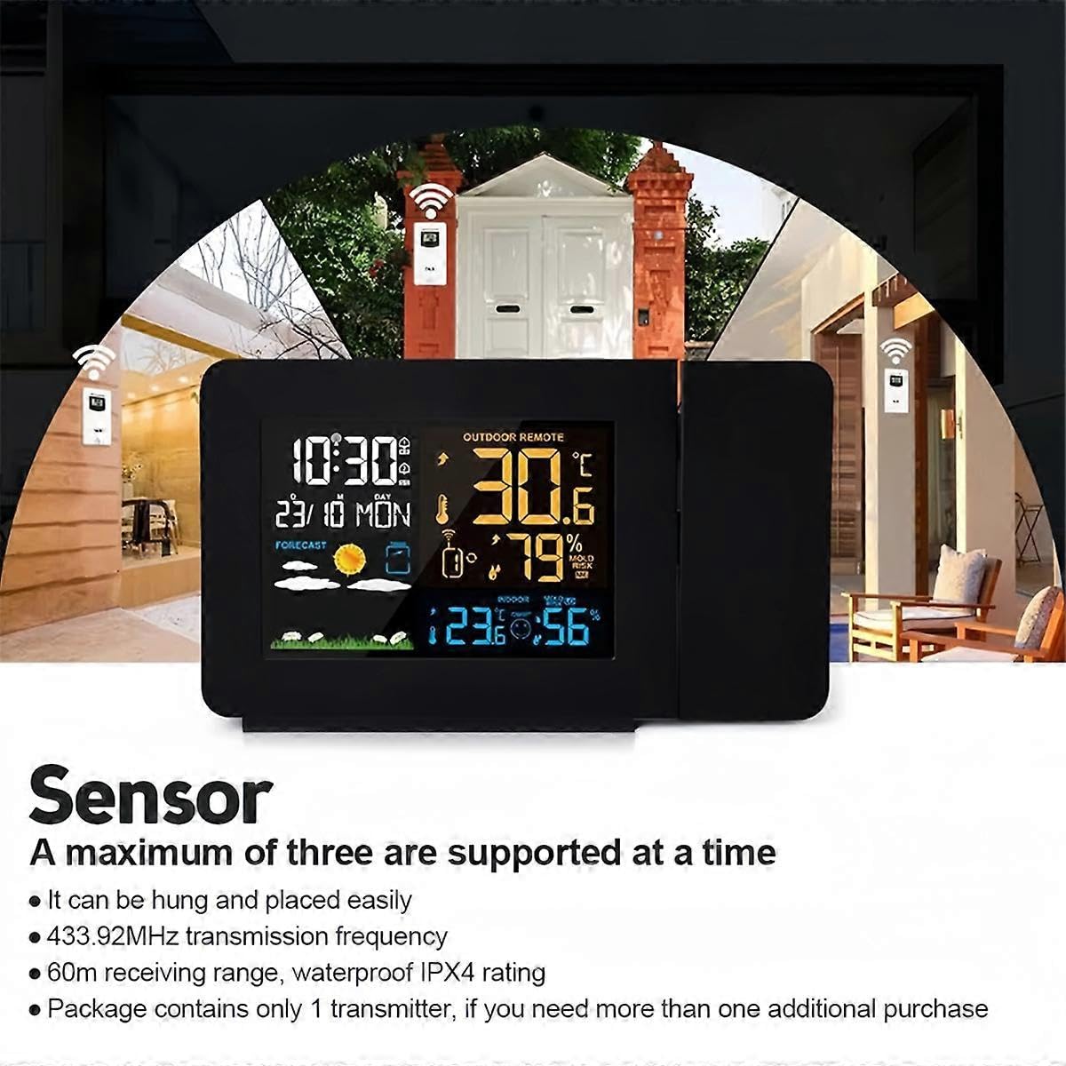 LED Indoor Outdoor Temperatur und Luftfeuchtigkeitsmesser - Projektionswecker Wettervorhersage mit Ba