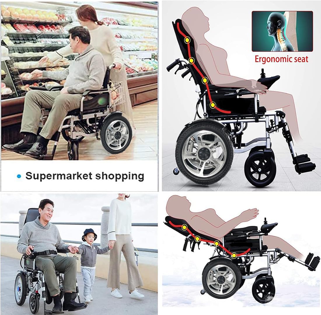 Silla de ruedas eléctrica plegable reclinable con control remoto para adultos, con potencia de 500 W, asiento ergonómico, batería de larga duración de 20 AH y ajuste de ángulo de hasta 150 kg.