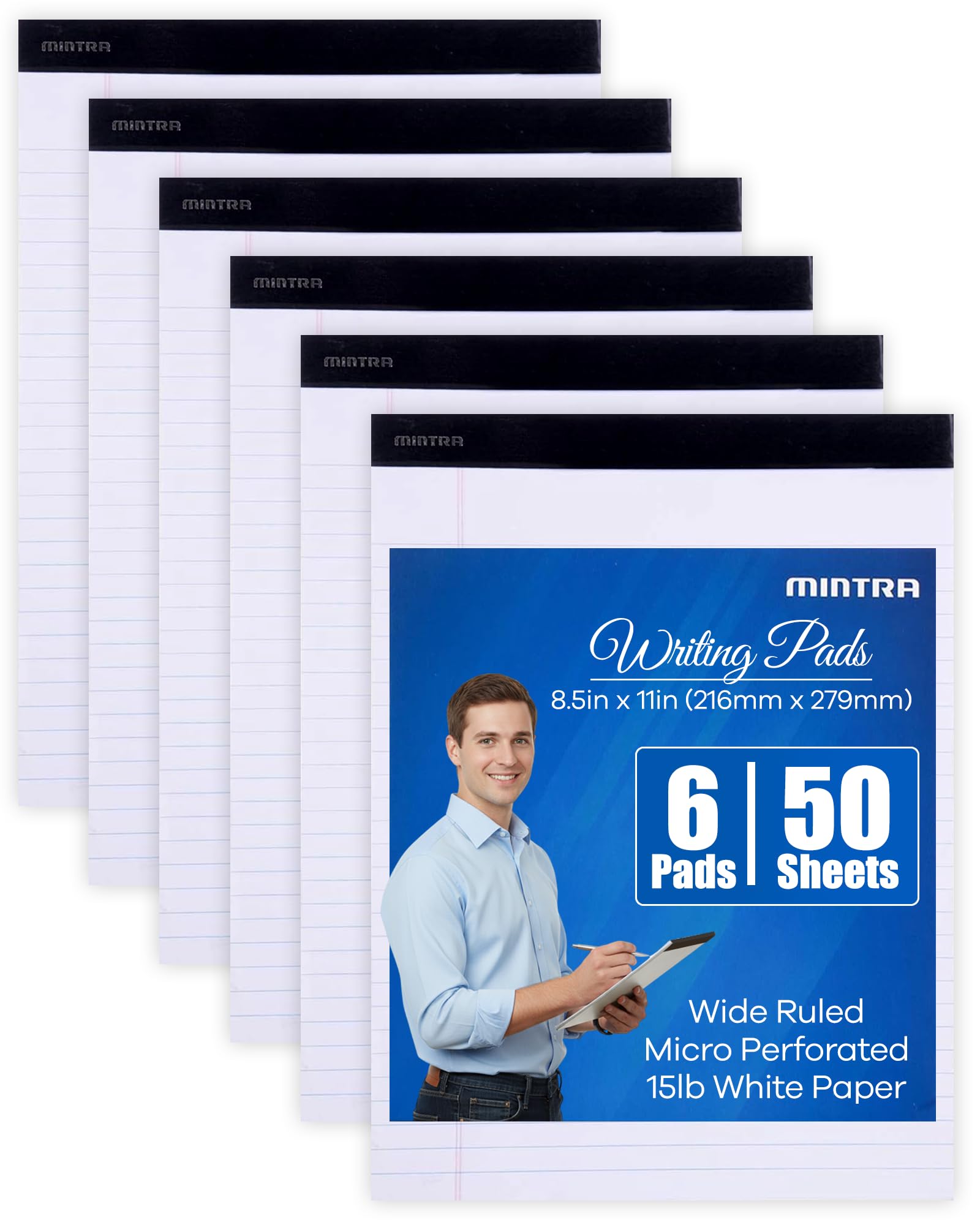 Mintra Office White Legal Pads – Ruled Notepads and Micro-Perforated Sheets, Ideal for Writing, Note-Taking & Creativity, Office, or Professional Use, Basic Pad 6 pack, 8.5"x11" (Wide Ruled) — image 1