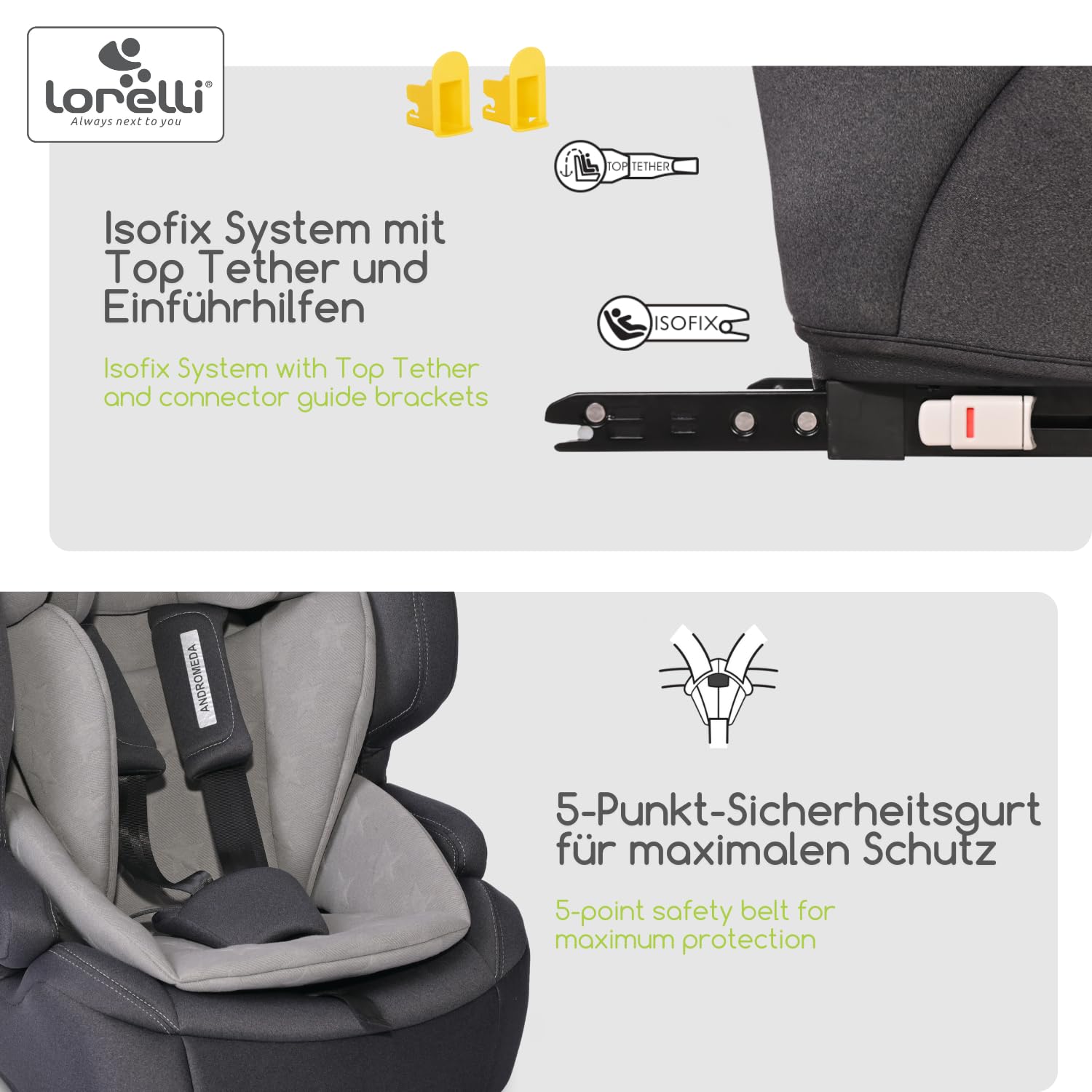 Lorelli Auto Kindersitz Andromeda mit Isofix i-Size, Mitwachsender Autositz für Kinder von 76-150 cm, Babysitz, Autokindersitz, Einstellbare Kopfstütze, 5-Punkt-Sicherheitsgurt, hellgrau