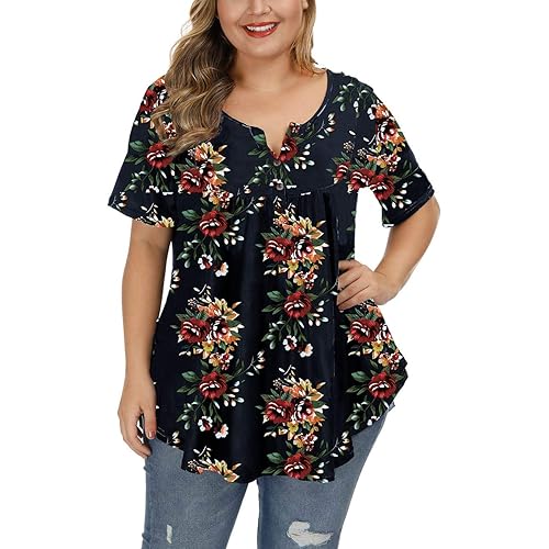 ALLEGRACE Women's Plus Size Floral Blouses Henley V Neck Button Up Tunic Tops Ruffle Flowy Short Sleeve T Shirt