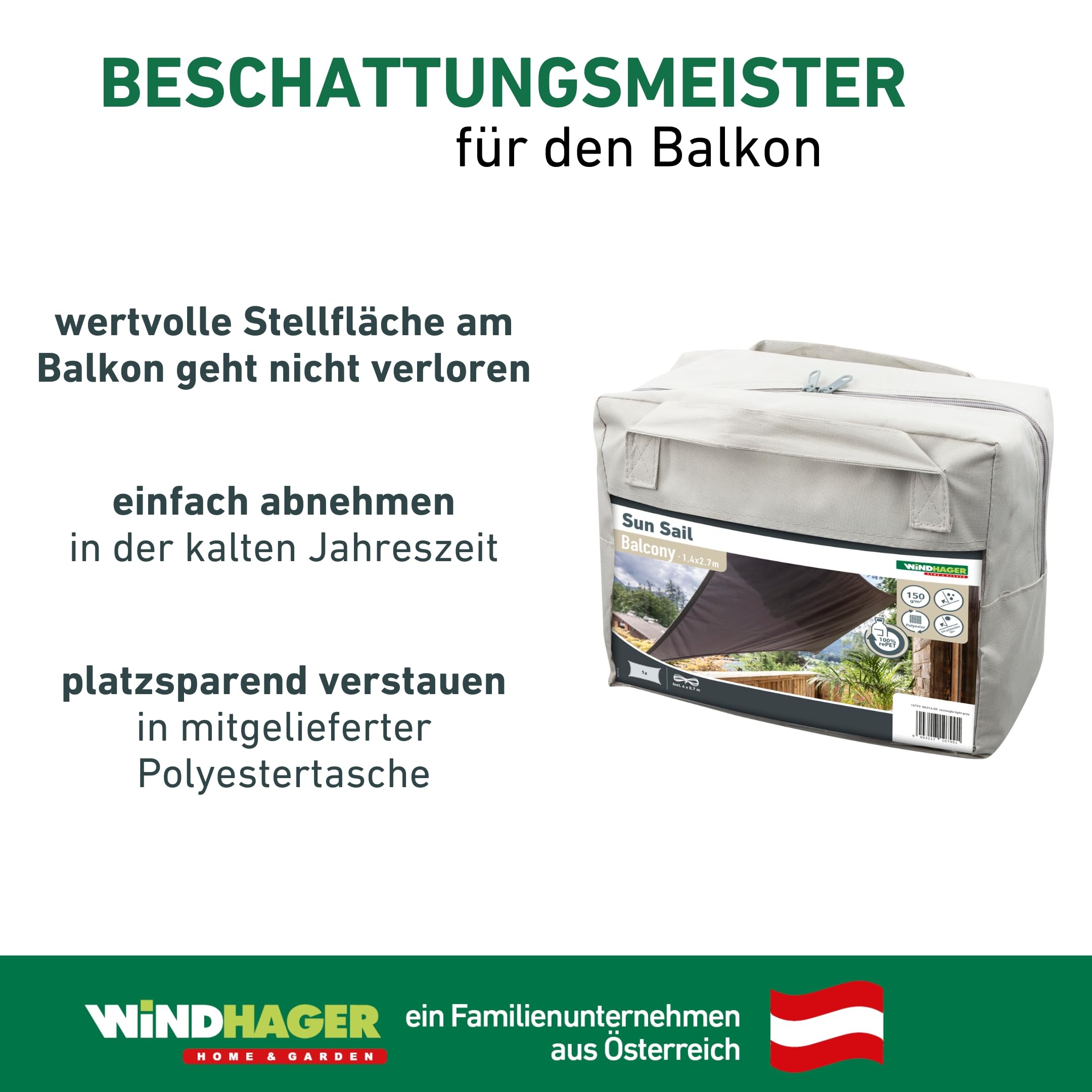 Windhager Balkon-Sonnensegel "CANNES", Hellgrau rechteckig, 100 Prozent recyceltes Polyester, 2,7 x 1,4 m, 150 g/m², Sonnenschutz für Balkon, inkl; befestigungsseil, wind- und wasserabweisend