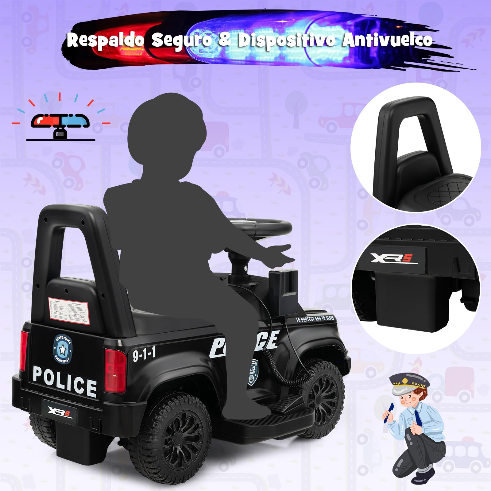 COSTWAY 6V Coche Electrico de Policía para Niños, Coche Batería para Niños con Megáfono Lateral, Bocina, Luz de Alarma y Sonido de Sirena, Reposapiés Ancho, Vehículo para 18-60 Meses (Negro)