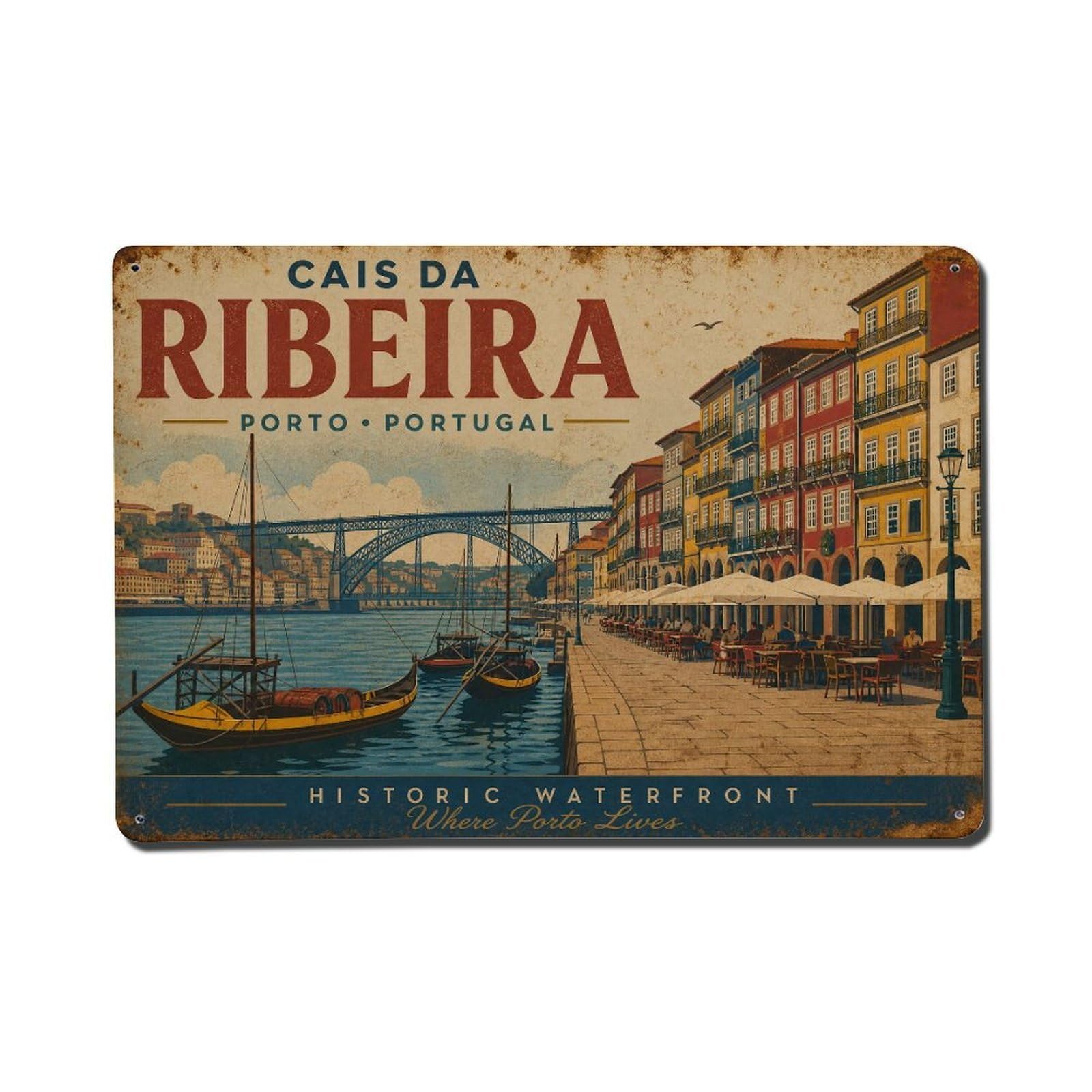 Vintage Travel Cais Ribeira Riverside Promenade Portugal Metal Tin Sign
