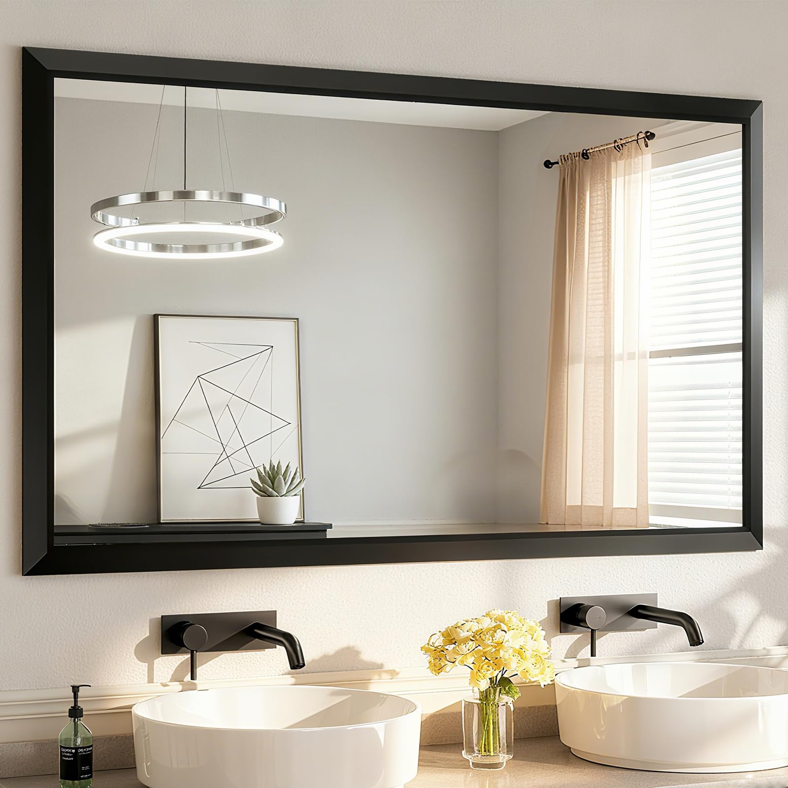 Photo 1 of SMIROR Matte Black Bathroom Mirror for Over Sink 60x 40 inch, Metal Thick Frame Rectangle Vanity Mirror for Wall, Anti-Rust, Horizontally or Vertically Mounted