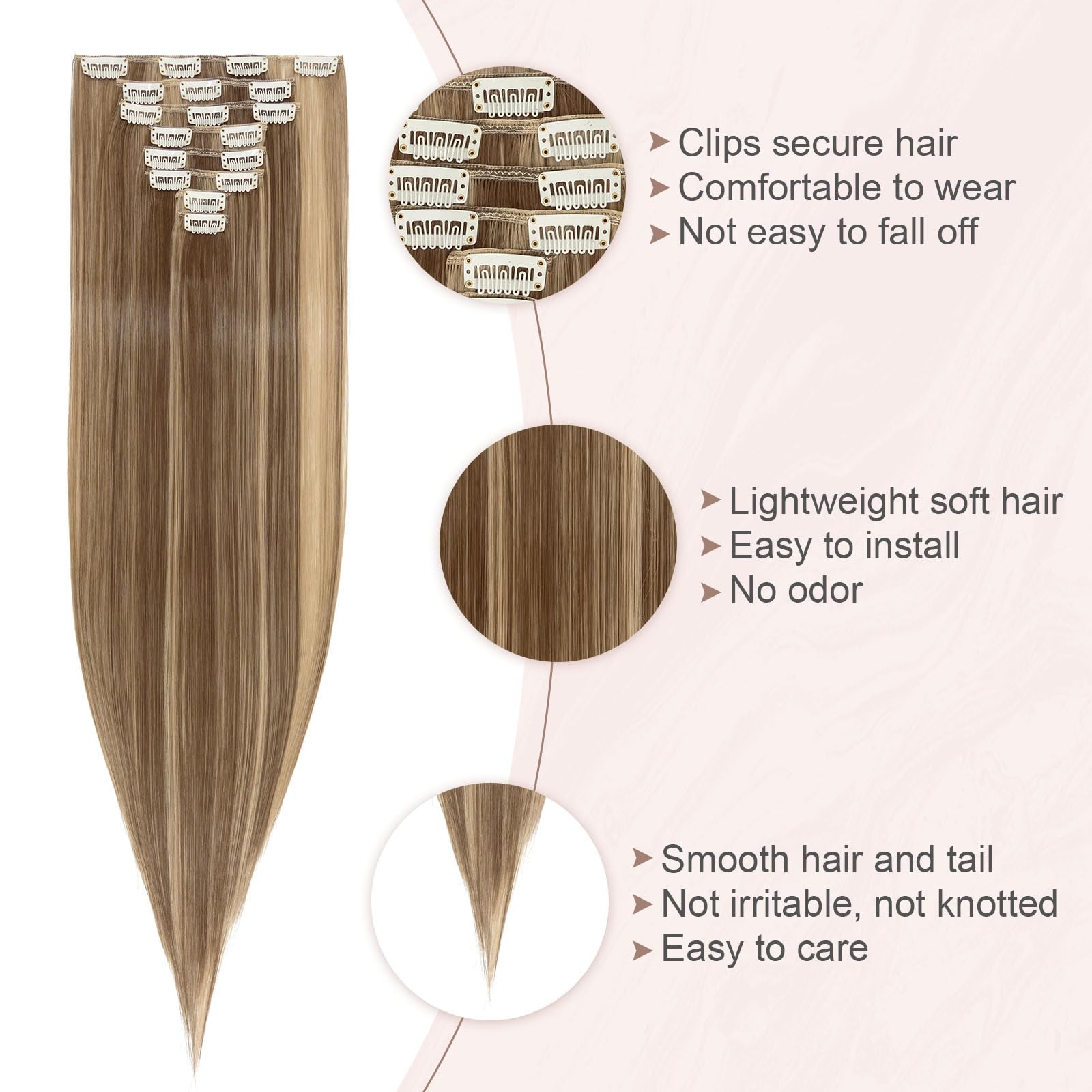 SEGOHAIR Hair Extensions Clip in 8Pcs 18 Clips Synthetic Fiber Seamless 26" Long Straight Full Head Golden Brown mix Dark Blonde - Image 4