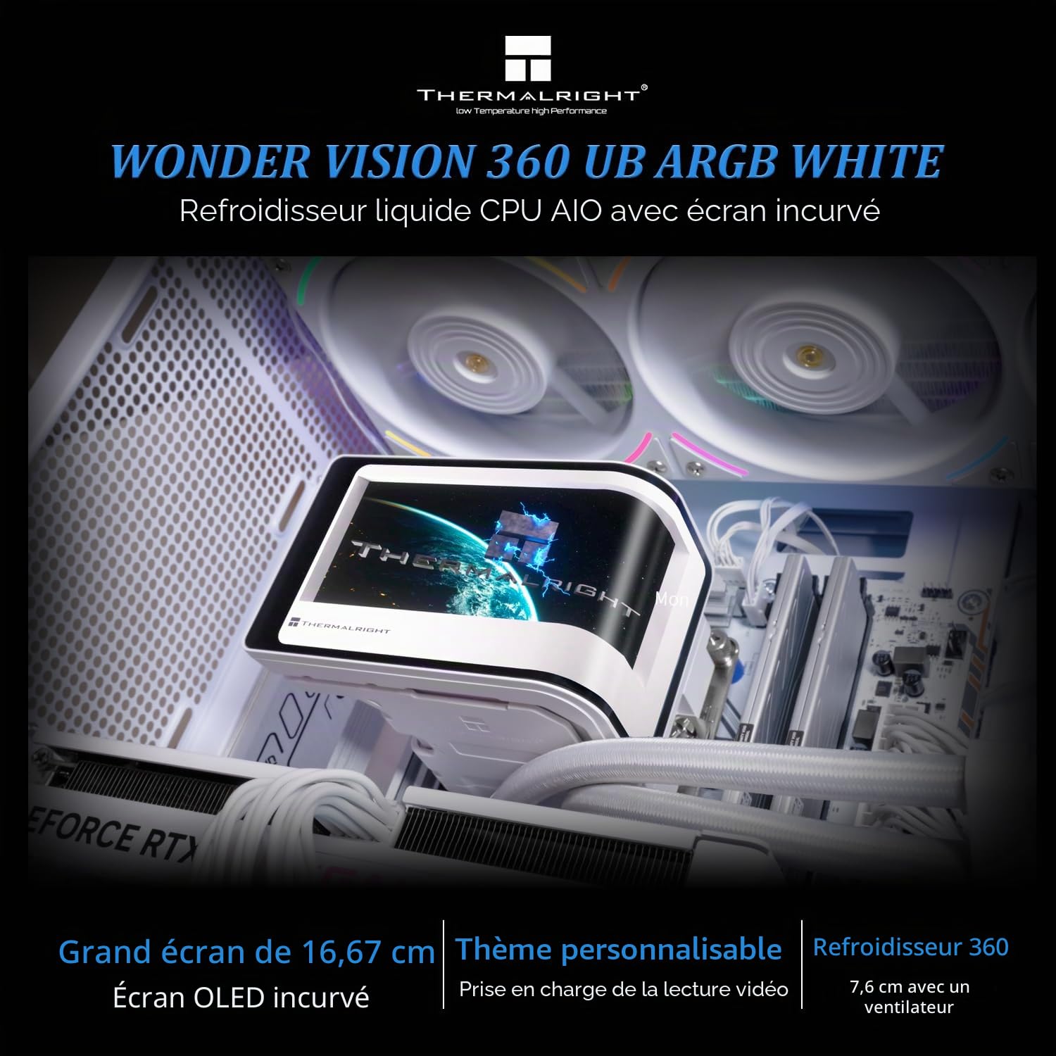 Thermalright Wonder Vision 360 UB ARGB Radiateur CPU AIO Blanc 360 mm 2K 60 Hz Écran incurvé avec résolution 2400 x 1080 pour AM4/AM5, Intel LGA1851/1700 Pompe haute performance 6,67"