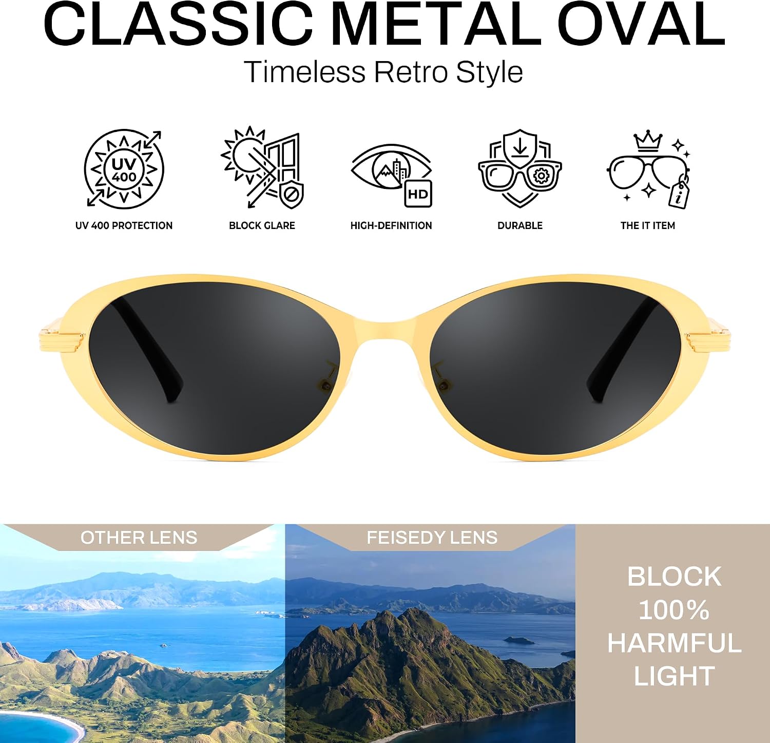 FEISEDY Metal Oval Sunglasses UV400 Protection for Women and Men, Classic Retro Trendy Suitable for Driving Fishing B0429