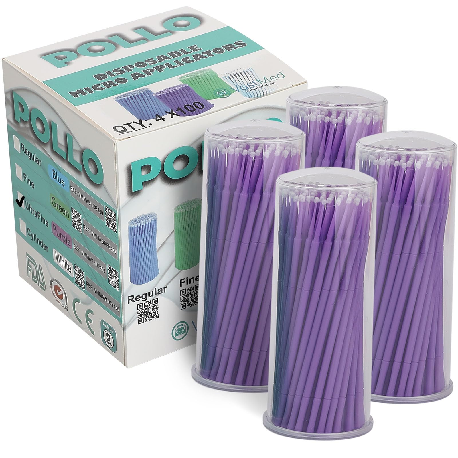 VASTMED Dental/Medical Grade Disposable Dental Pollo Microbrush Applicators | Application Brushes Bendable for Eyelash Extensions, Personal Care, and Art Work - 4 Sizes 400/Box