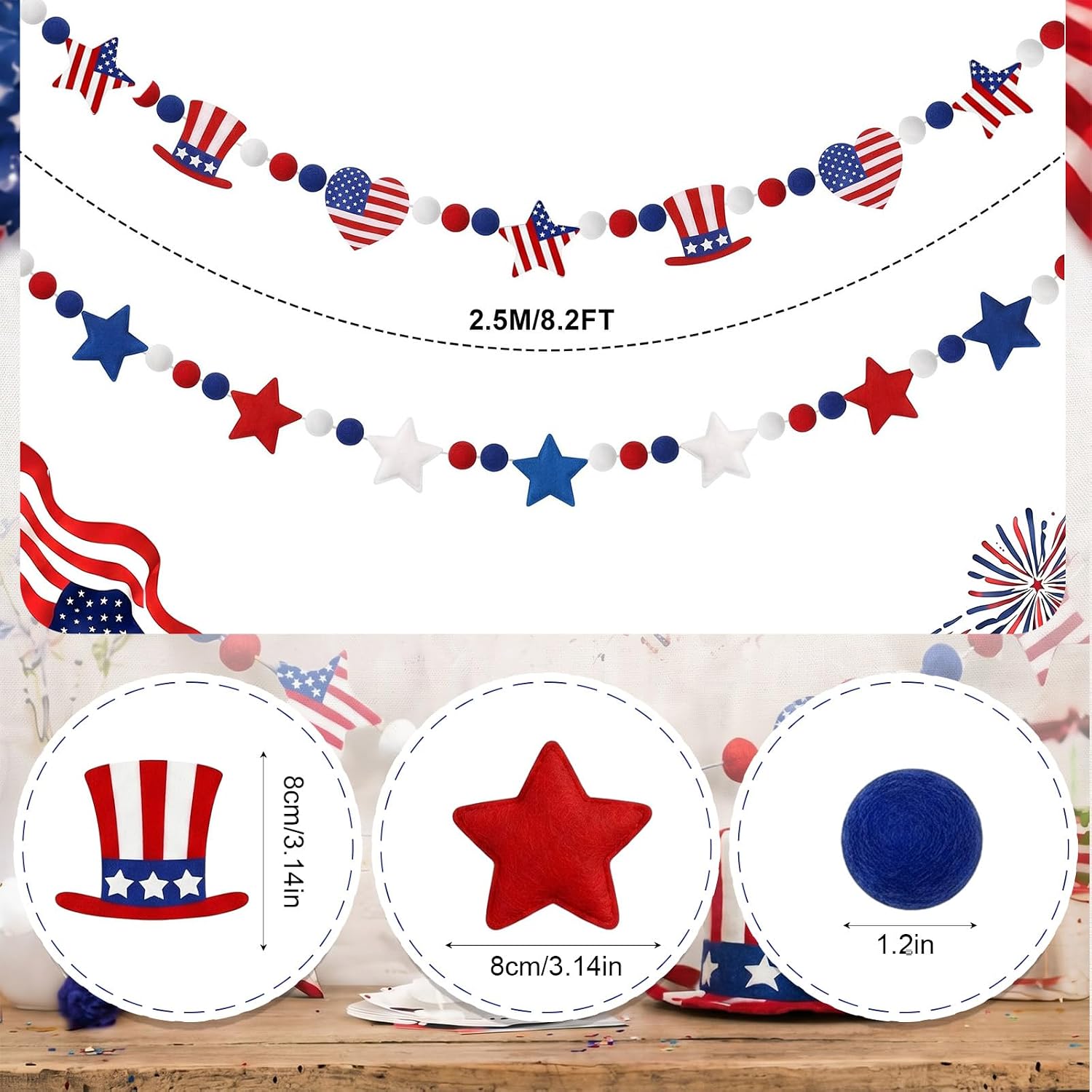 Jecery 2 Pcs 4th of July Felt Garlands Star Garland Patriotic 250th Anniversary 78 in Red White and Blue Pom Pom Ball Banner Independence Day Party Hanging Decor Supply for Fireplace Mantel Fireplace