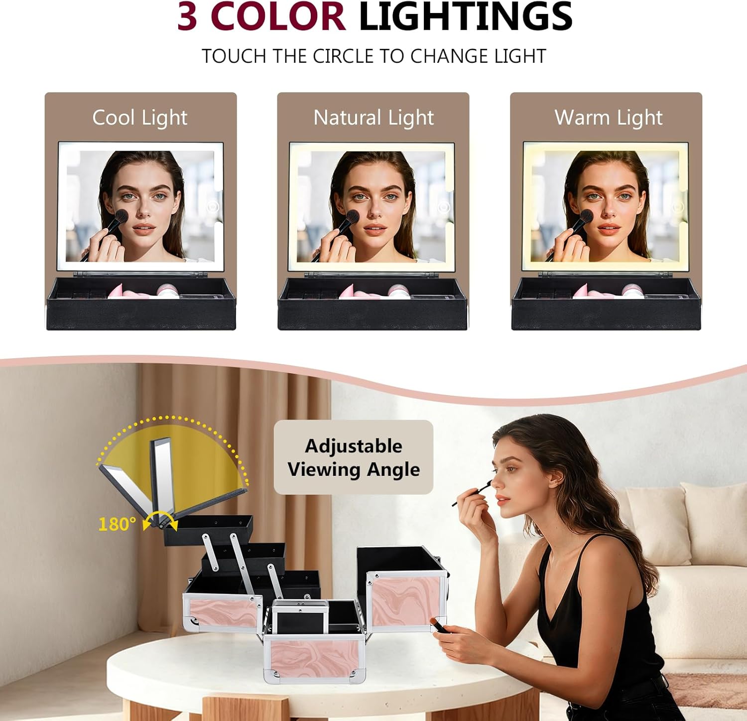 Travel Makeup Case with LED Lighted Mirror - 11.6" Portable Makeup Organizer Box, Cosmetic Train Case with Detachable Brush Holder - Fluid Pink - Image 3