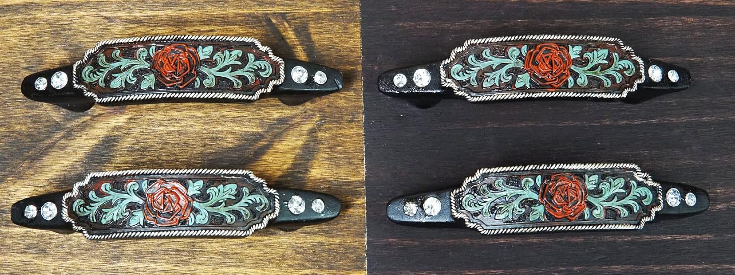 Ebros Gift 6" Wide Set of 4 Western Red Rose with Green Vines Scroll Lace Design Sculpted Resin in Rustic Aged Finish Drawer Cabinet Pulls Door Furniture Bar Pull Knobs