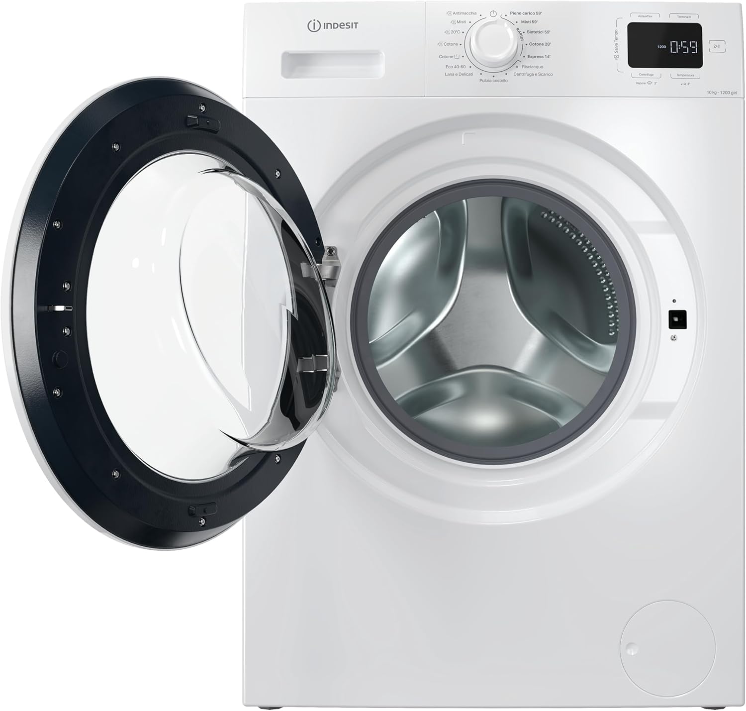 Indesit washing machine with door open, showing the drum