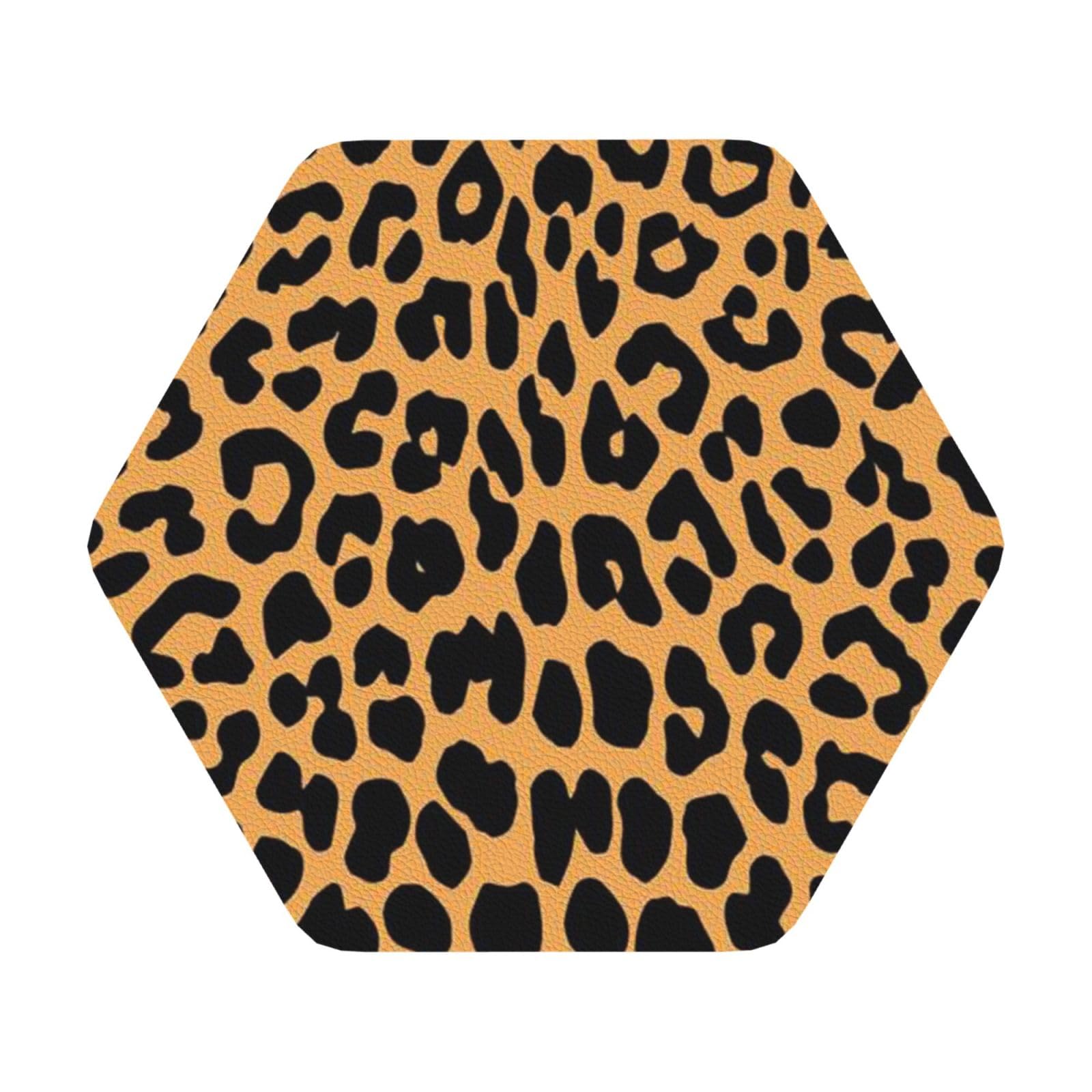 Leopard print PU Leather Coasters Set of 6 Hexagon Drink Coasters