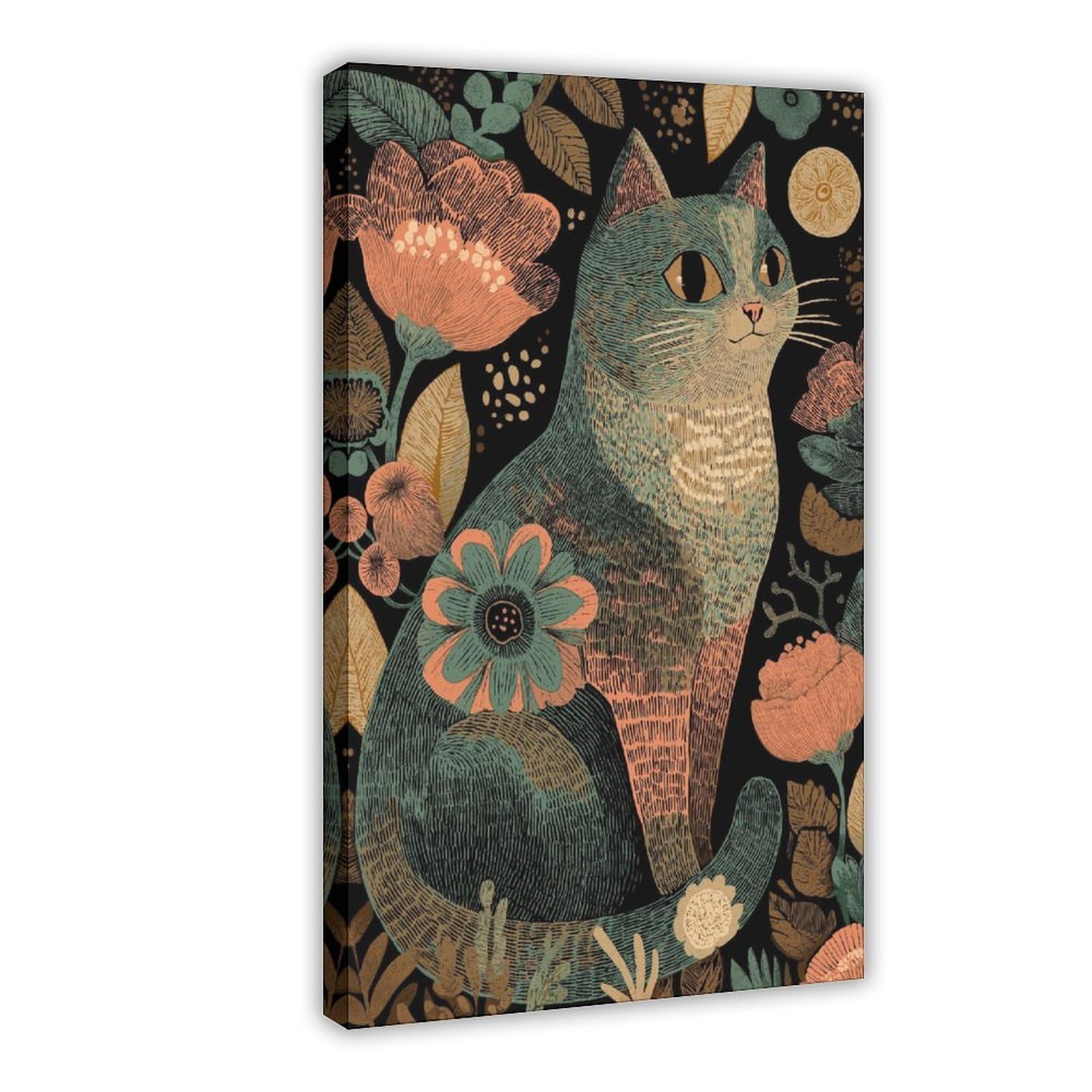 MRYCQ Folk Art Cat Poster Canvas Poster for Office Decor Gift