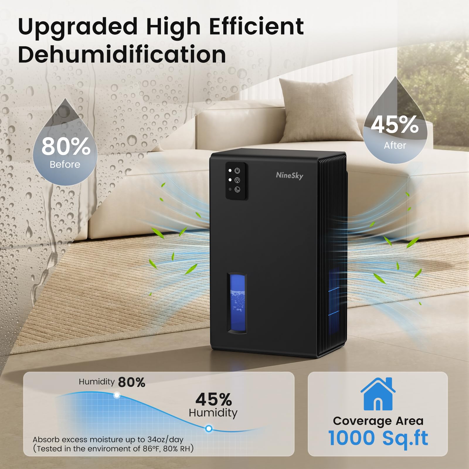 Deumidificatori per la casa, 1000 mq deumidificatore con serbatoio dell'acqua da 2,7 l, deumidificatore silenzioso per cantina, bagno, camera da letto, con luce ambientale a 7 colori e spegnimento