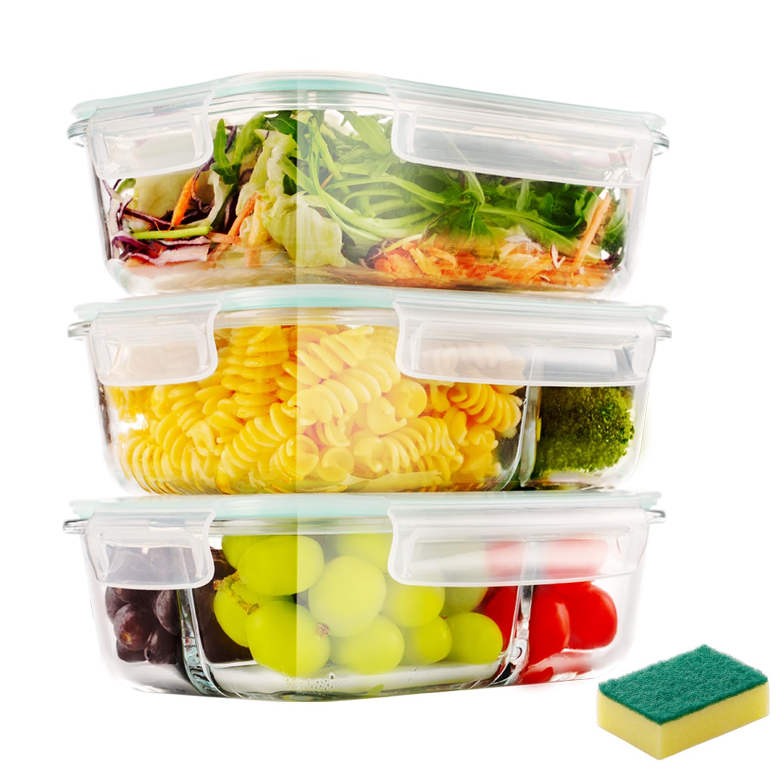 YBCPACK Set of 3 1040 ml Meal Prep Boxes Glass 1 & 2 & 3 Compartments Glass Containers with Lid – Airtight, BPA-Free, Freezer and Oven Safe Meal Prep Boxes – Glass Food Storage Containers for Meal