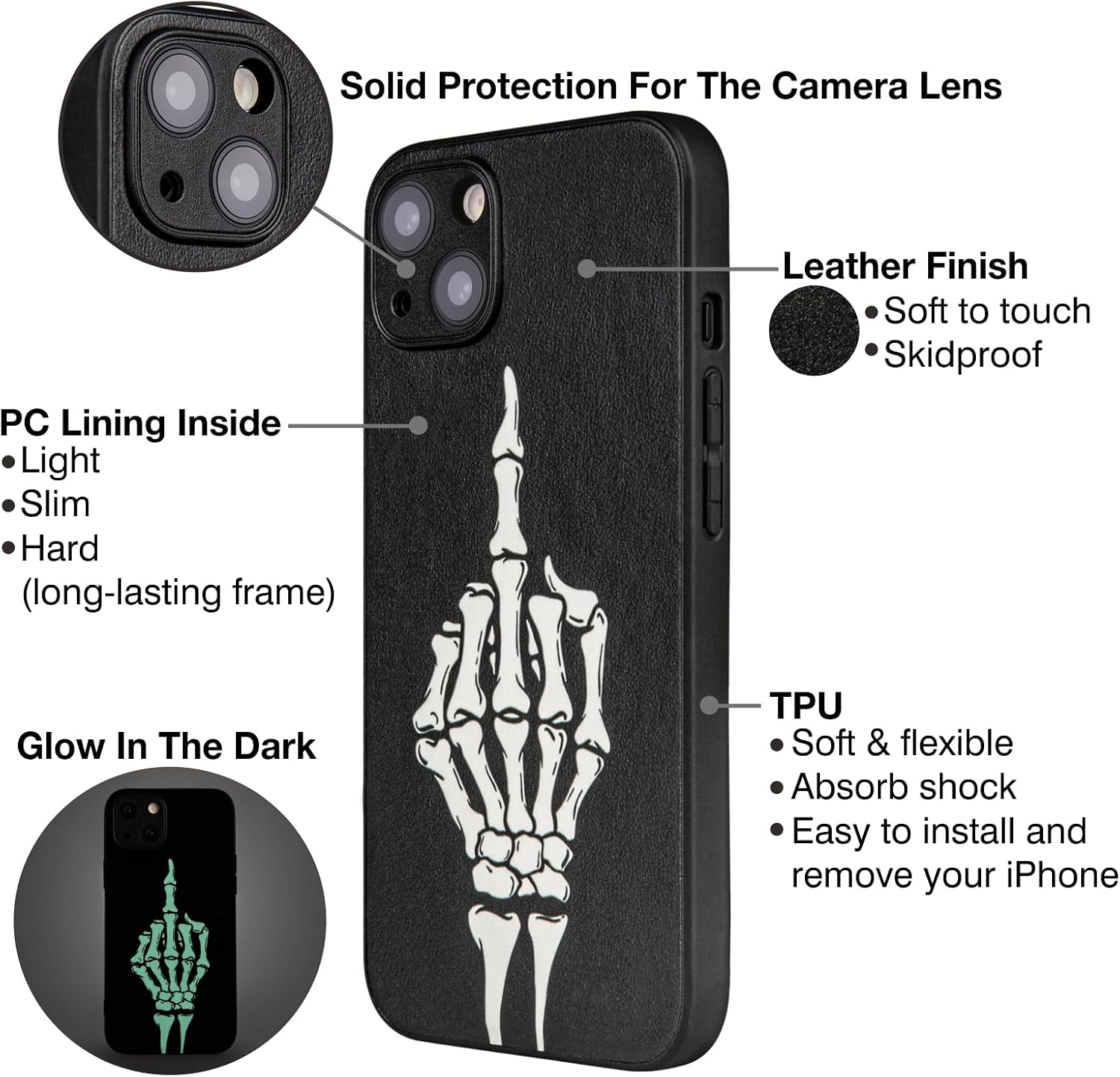 X spirit Skull Case for iPhone 15 - Skeleton Hand Gesture Design - Cool Gothic Punk Aesthetic - Shockproof Protective Bumper, Leather Finish Glow in the Dark Cover image 5