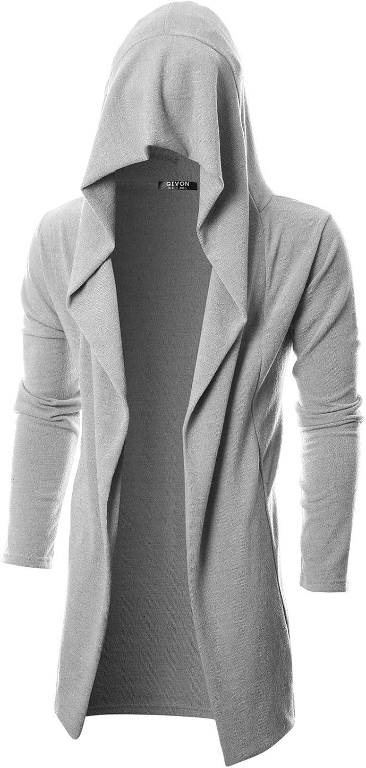 GIVON Men's Long Hooded Shawl Cardigan Open Front Gothic Cloak with Drape Design Shawl Collar
