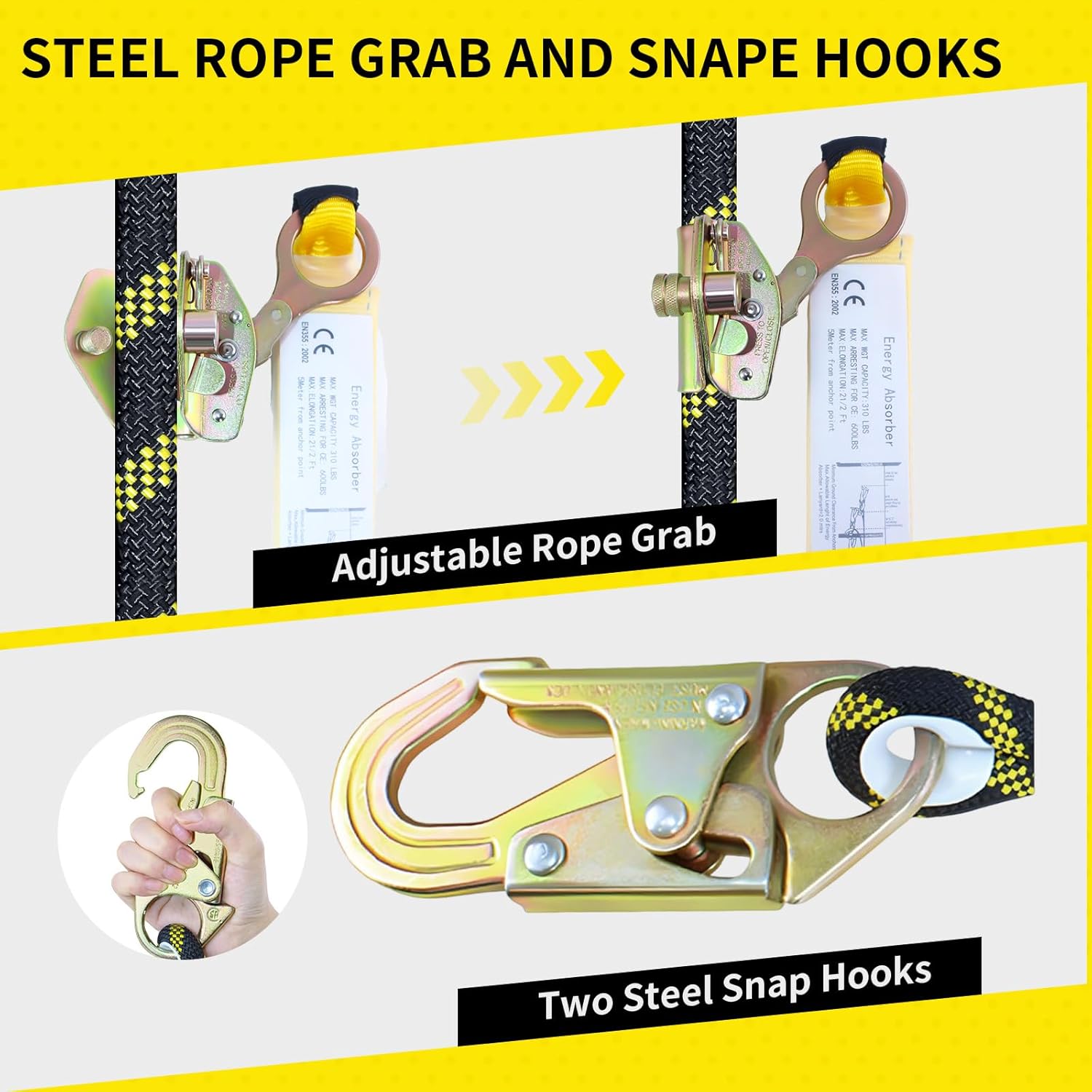 25FT Vertical Lifeline Assembly, Heavy Duty Fall Protection Safety Rope with Rope Grab, Steel Snap Hooks & Shock Absorber, Roofing Safety Line Kit, ANSI CE