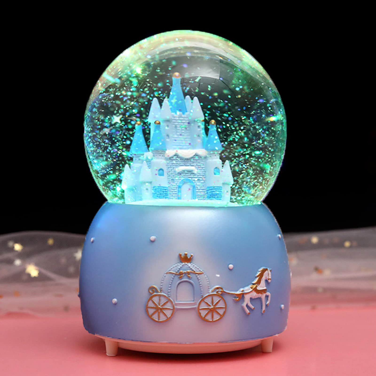 Xinchia Blue Snow Globe Crystal Ball Music Box Rotating Musical Box With Colorful Lights Castle Melody Musical Artware Dreamy And Exquisite Desktop Ornament For Birthday Christmas Thanksgiving Present