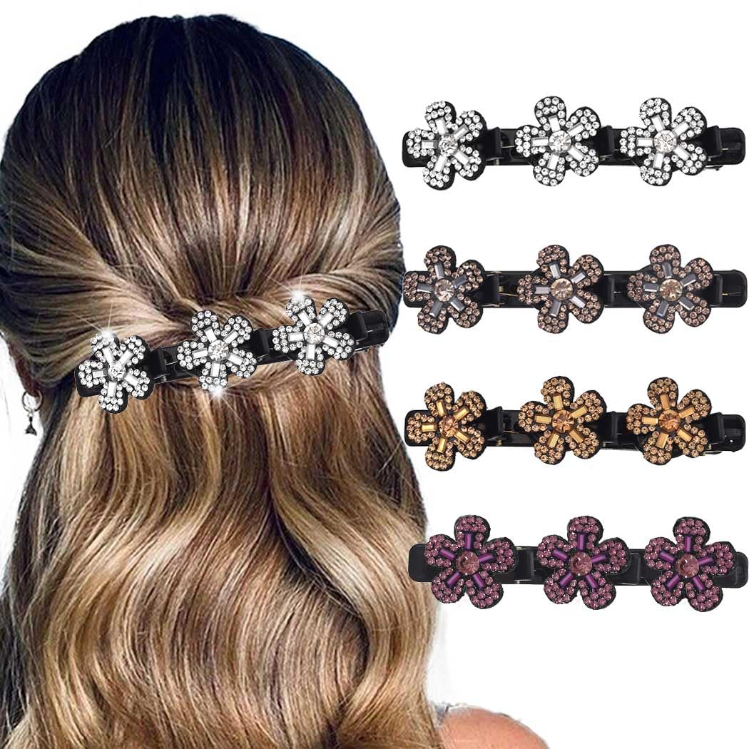 Sparkling Crystal Stone Braided Hair Clips Rhinestone Flower Duckbill Hairpin for Women 4Pcs
