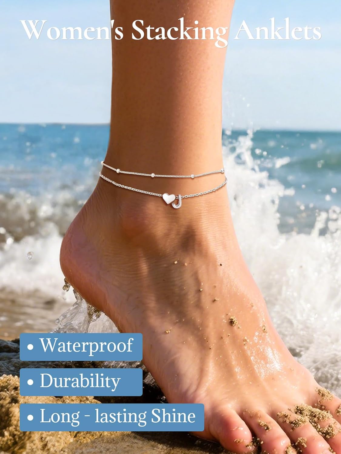 SILVERCUTE Silver Anklets for Women, Waterproof Initial Heart Ankle Bracelets Sterling Silver, Adjustable Layered Foot Jewelry Summer Beach Fashion with Personalized Name Design, Gift Package - Image 2