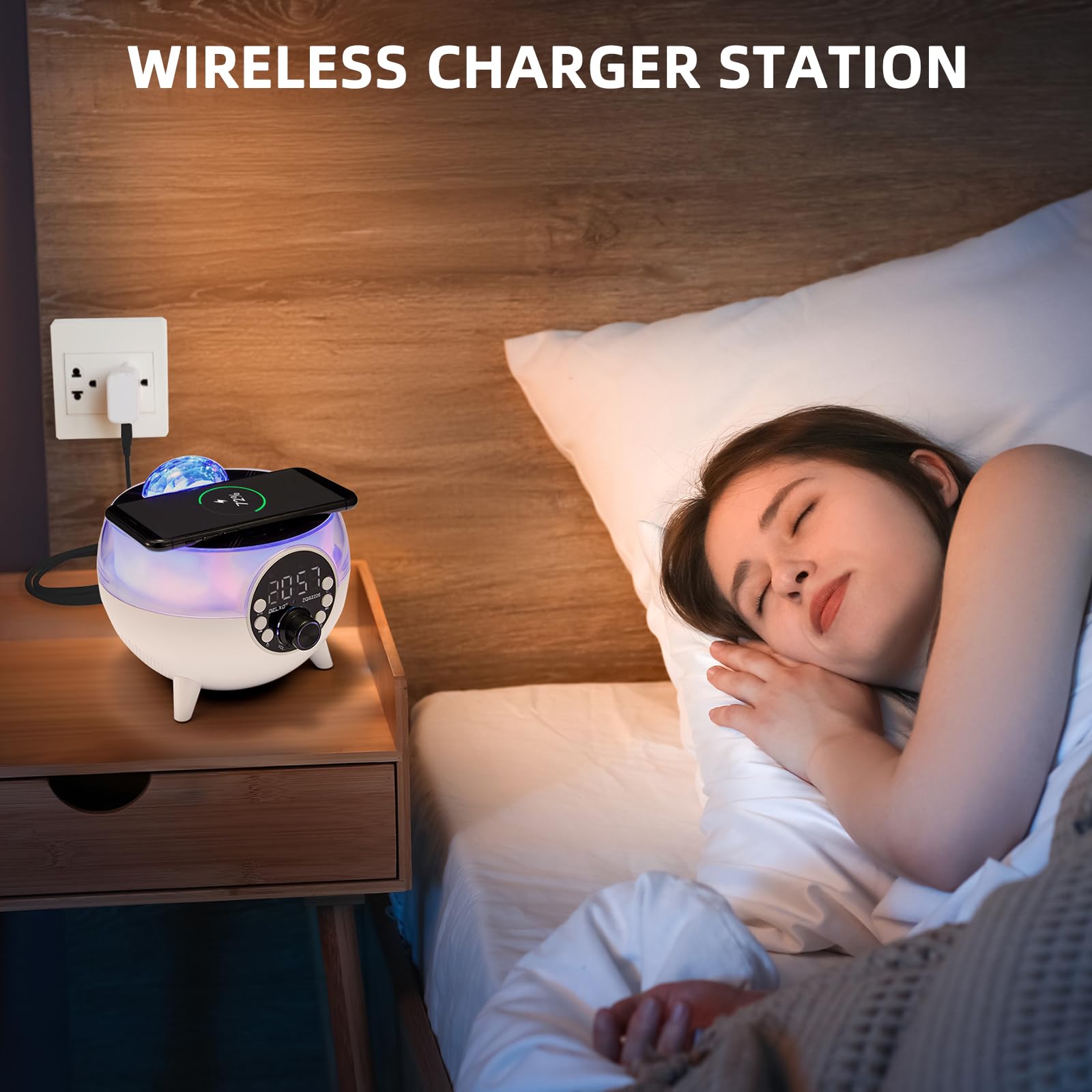 Delxo Altoparlante Bluetooth cielo stellato con ricarica wireless per telefono, altoparlanti super bassi, Bluetooth wireless con sveglia, radio FM, luce notturna regolabile, altoparlante portatile,