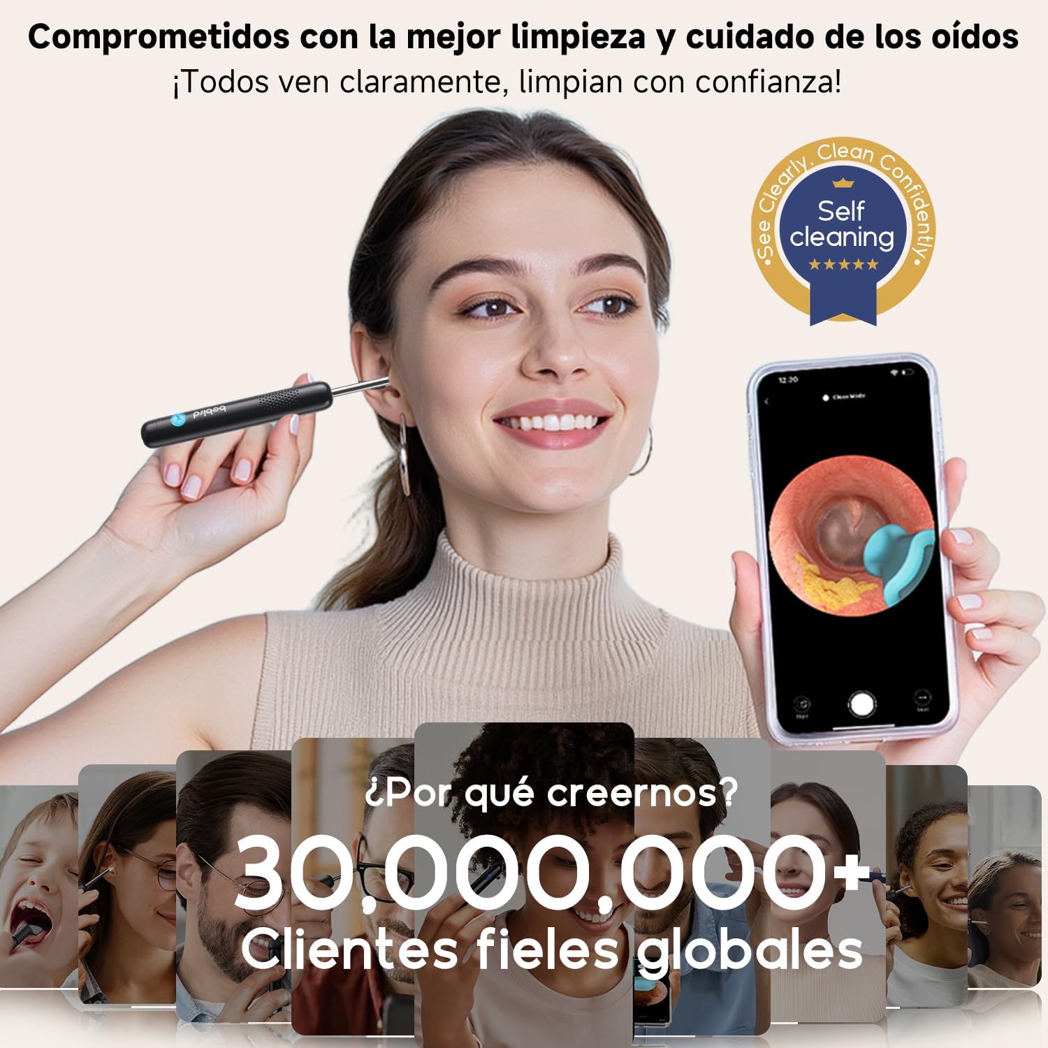 Bebird R1 Ultra - Limpiador de Oídos con Cámara y Otoscopio Visual, Removedor de Cera para Uso Familiar, Kit de Higiene Auditiva con Herramientas y Gotero