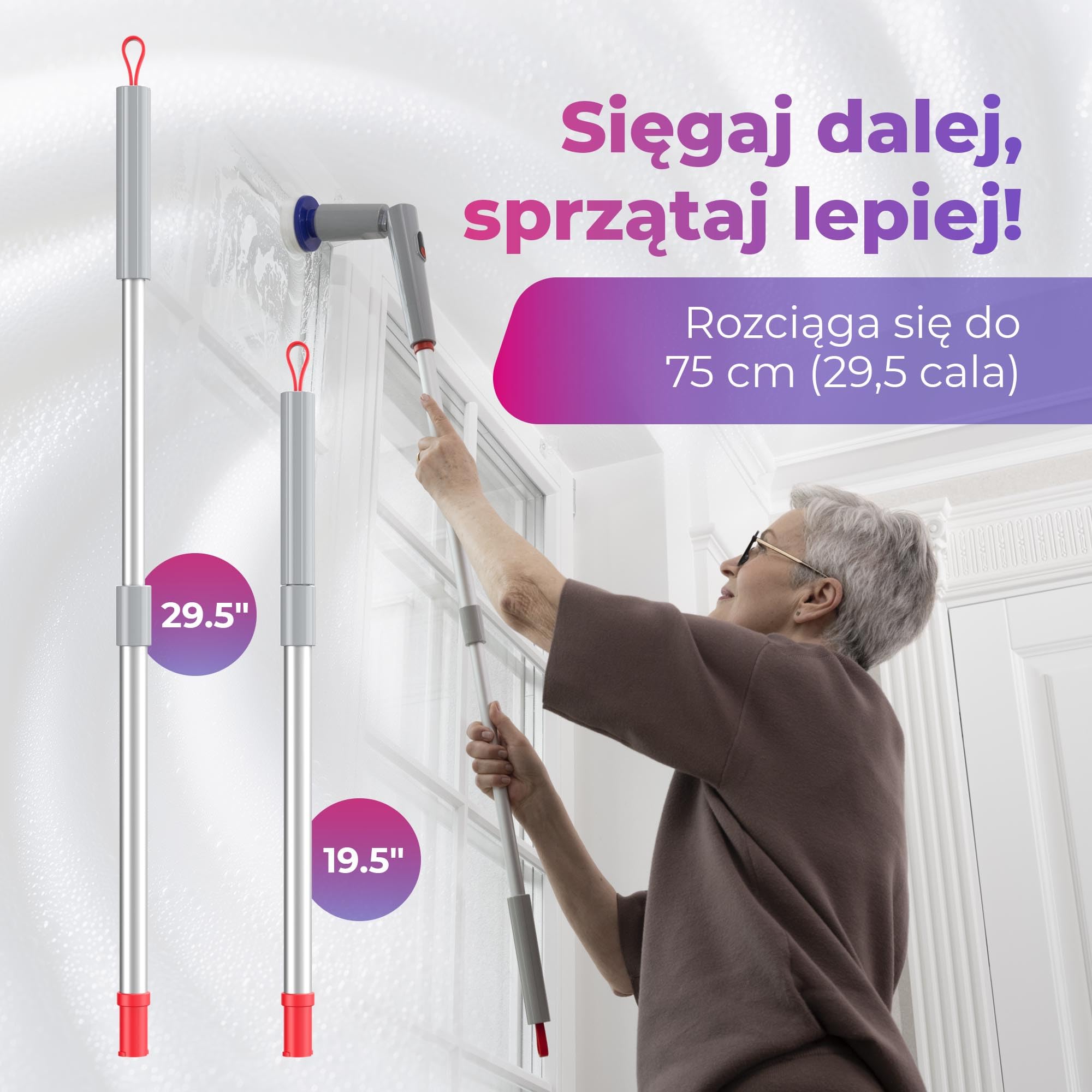 Synoshi Pro Przedłużony Uchwyt do Szczotki Elektrycznej | Regulowany 580-747 mm. Aluminium z blokadą. Do wysokich powierzchni i miejsc trudno dostępnych.