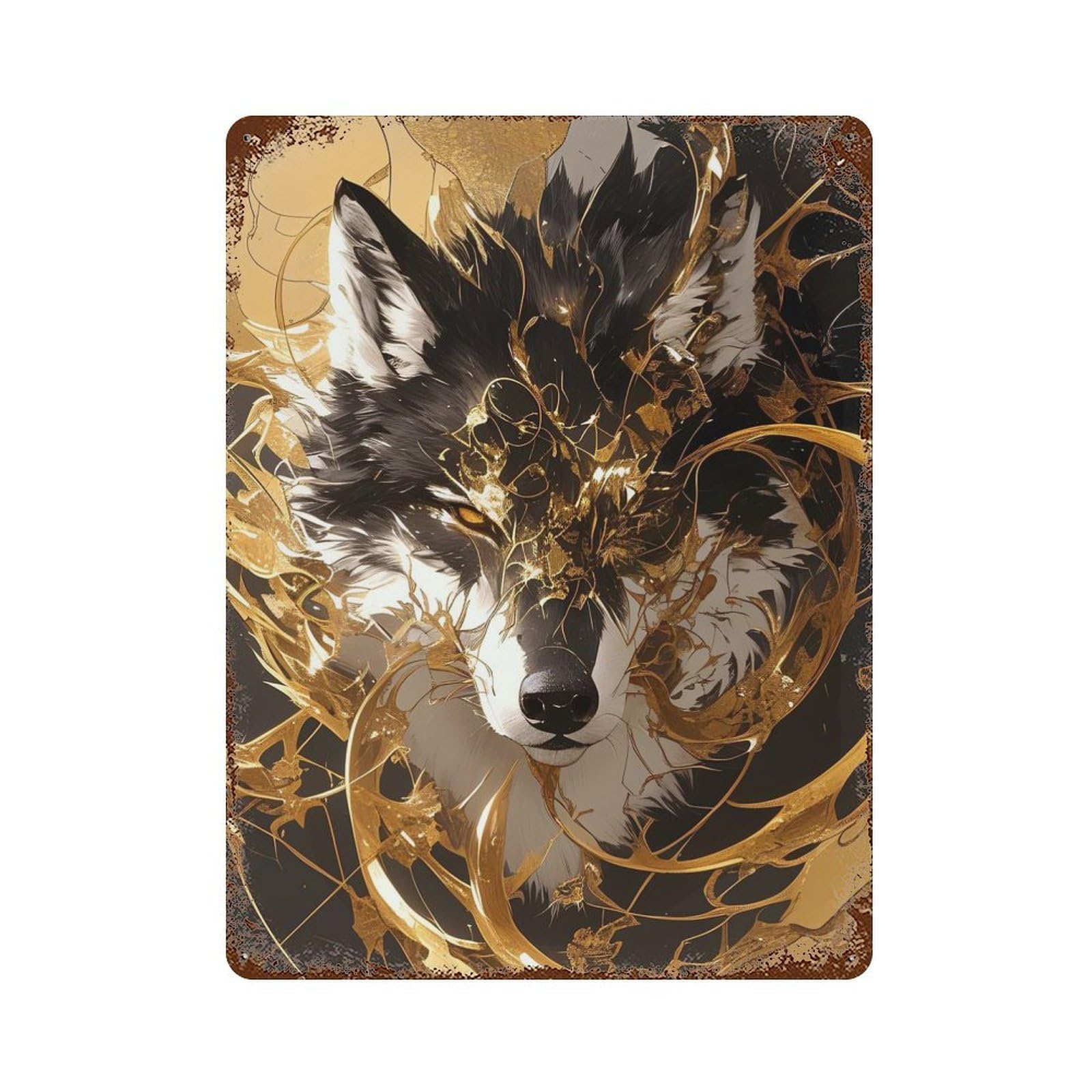 Golden Wolf Portrait 15.7"x11.8" Weathered Tin Sign, Shabby Chic Decor for Farmhouse, Kitchen And Entryway Decor