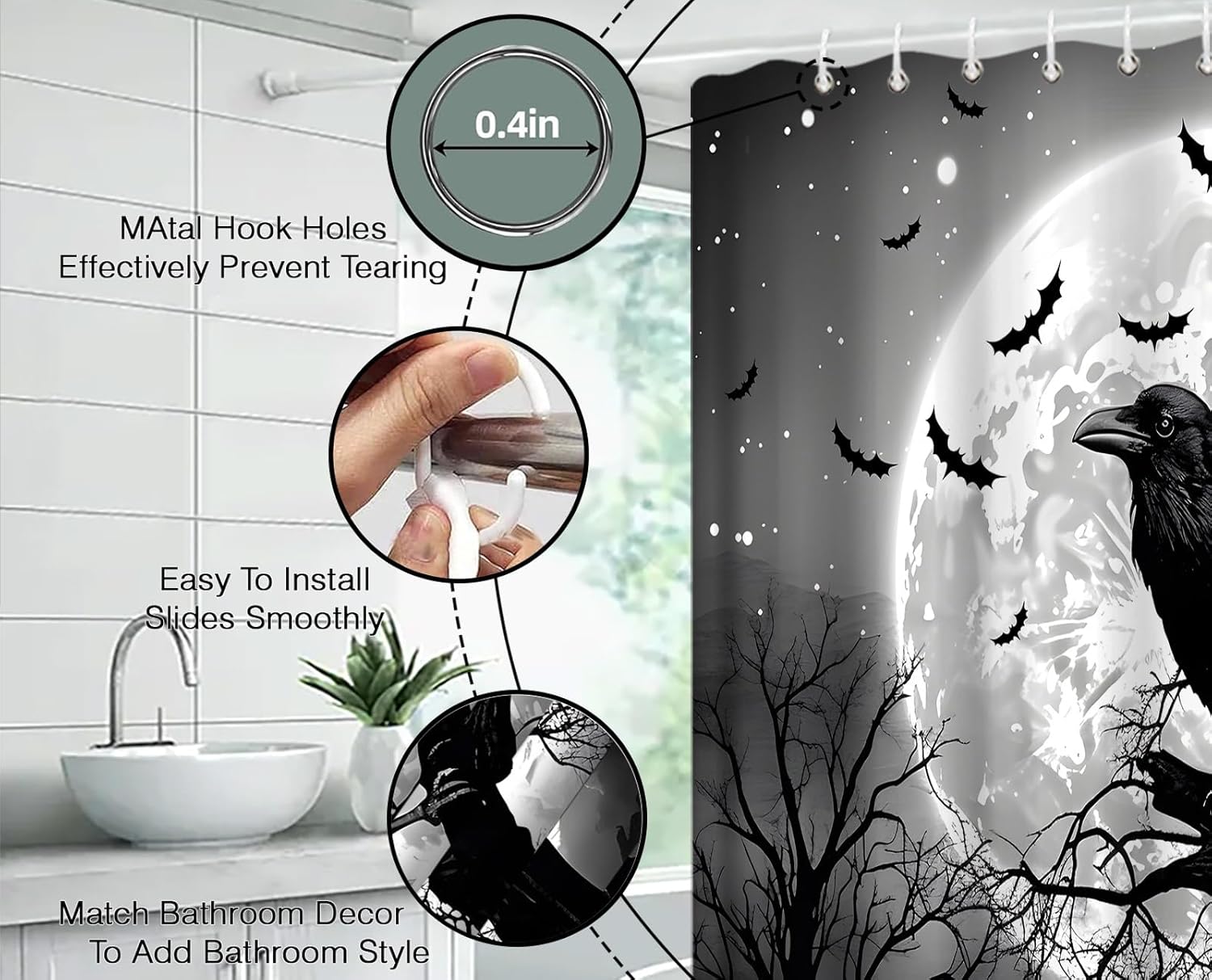 Halloween Shower Curtain Black Crow Bats in Creepy Full Moon Night Gothic Blood Horror Scary Spooky Mysterious Fabric Decorative Bathroom Curtains with Hooks,Gray Black