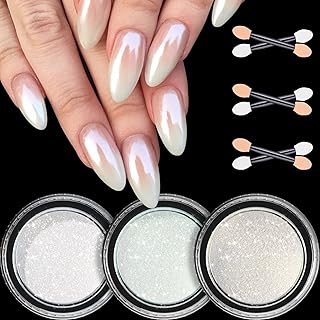 Glassy Pearl Chrome Nail Powder - 3 Boxes Aurora Ice Transparent White Chrome Powder for Nails Glazed Donut Pearlescent Magic Nail Powder Mirror Effect Pigment Glitter