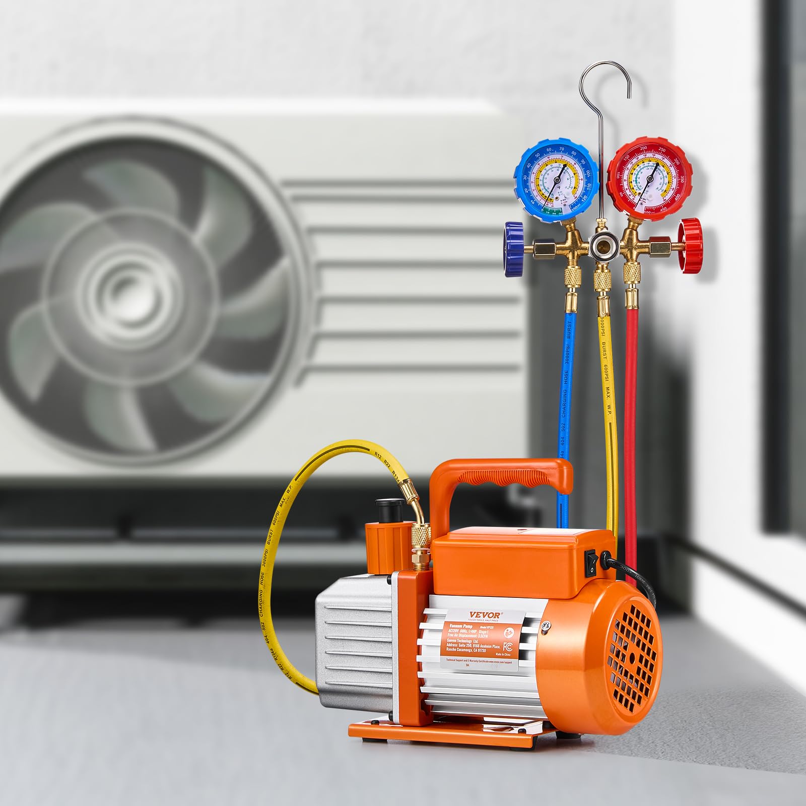 VEVOR 3,5 CFM AC-Vakuumpumpe und Manometer-Set, einstufige Drehschieber-HVAC-Vakuumpumpe, Kältemittelverteiler-Manometer-Kit für R134a R12 R22 R502a