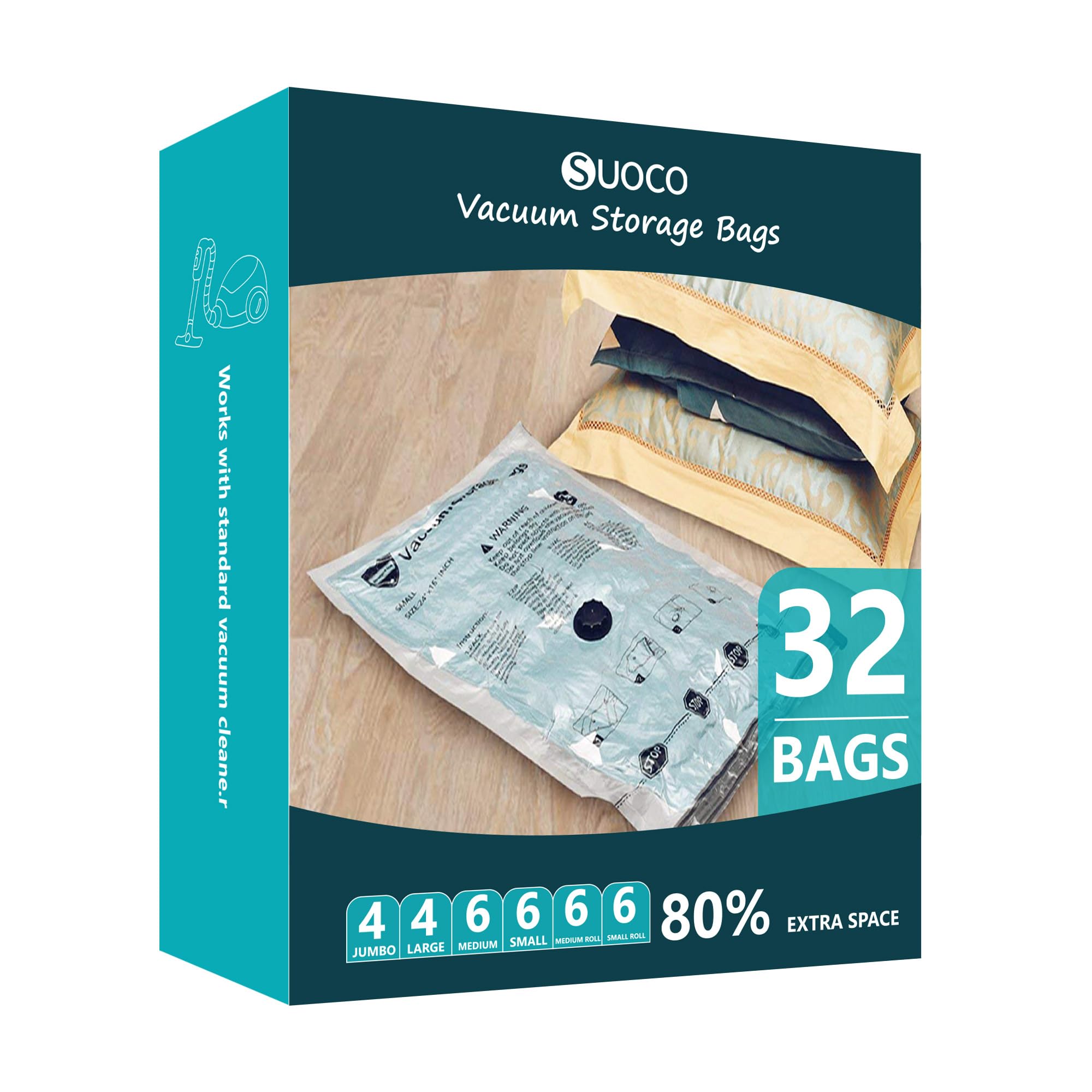 Paquete de 32 bolsas de almacenamiento al vacío, bolsas de sellado al vacío de compresión para ropa, ropa de cama, edredones, mantas, almohadas