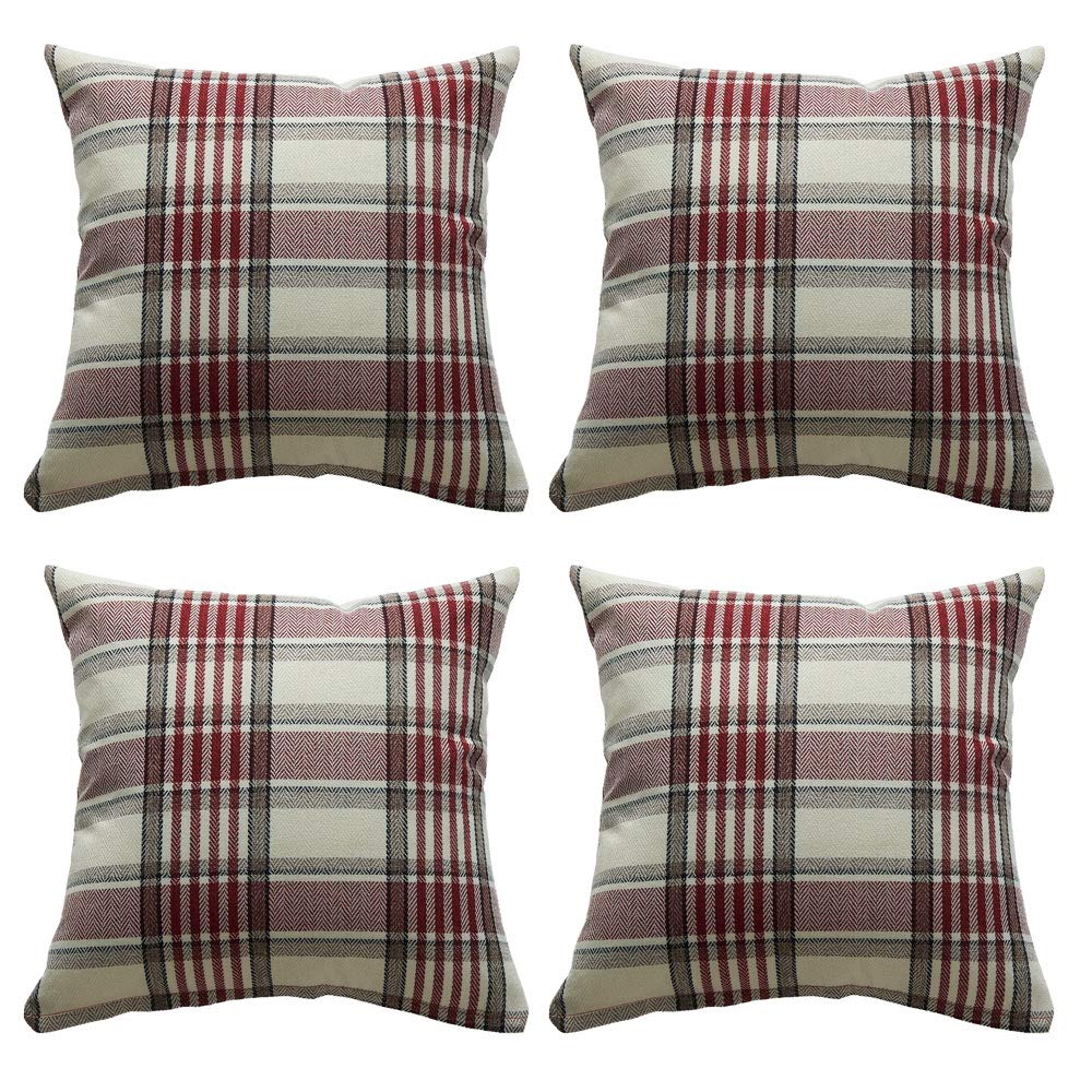 Pack of 4 - Tartan Check Plaid Cushion Covers Striped Decorative Pillowcase For Home Sofa Bedroom Living Room 18 x 18 inch (Red)