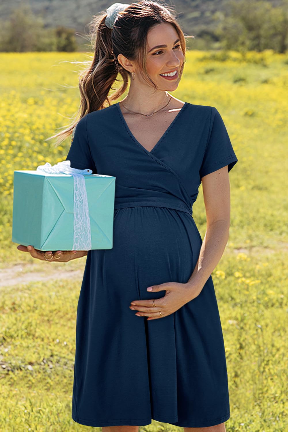 OUGES Robe de Maternité D'été pour Femme Robe d'allaitement Décontractée à Col en Vet Poches
