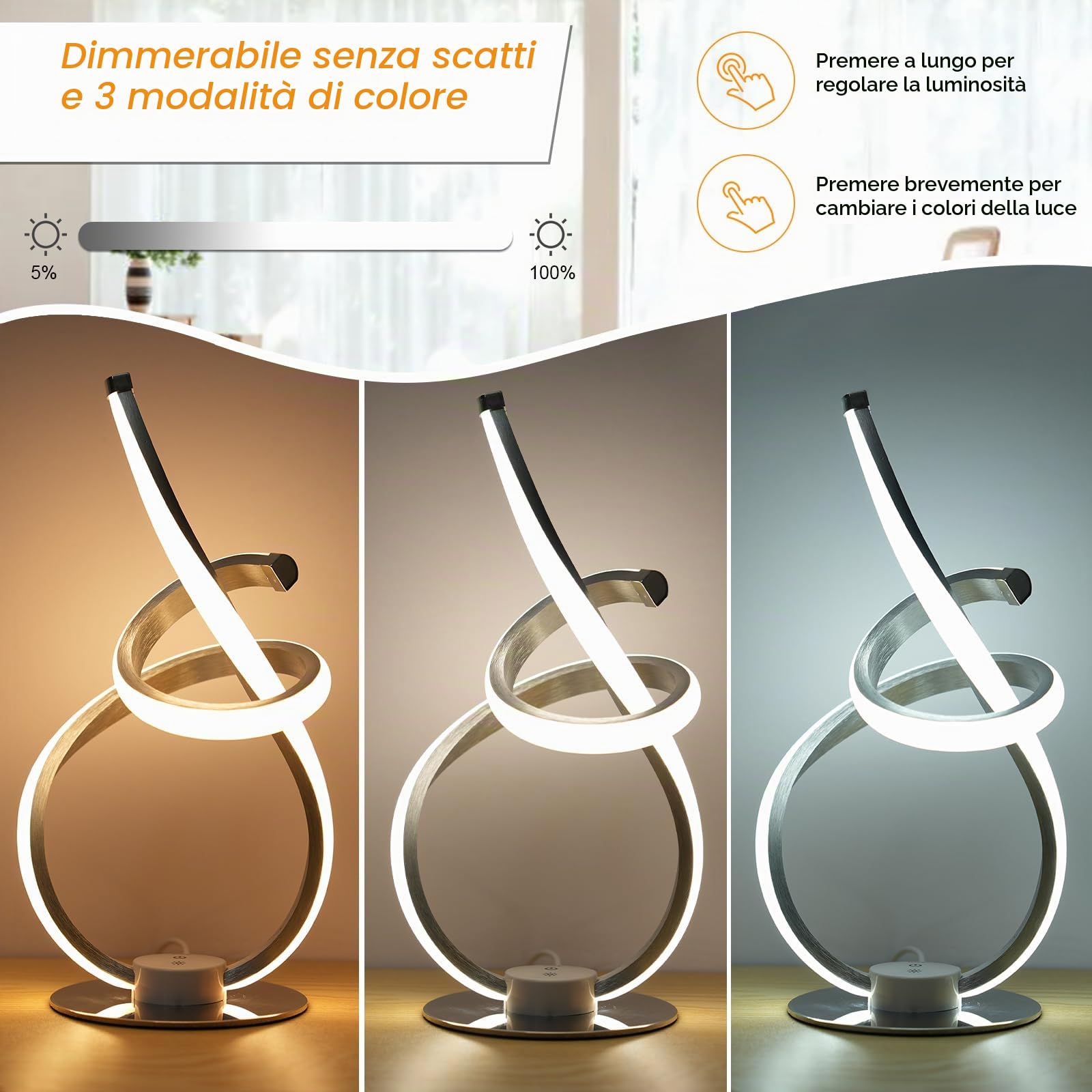 Neoglint Abat Jour da Comodino Moderne Dimmerabile, Spirale Lampade Comodino Camera da Letto 12W, Touch Control, Decorativo Curvo Lampade da Tavolo LED per Camera da Letto Soggiorno