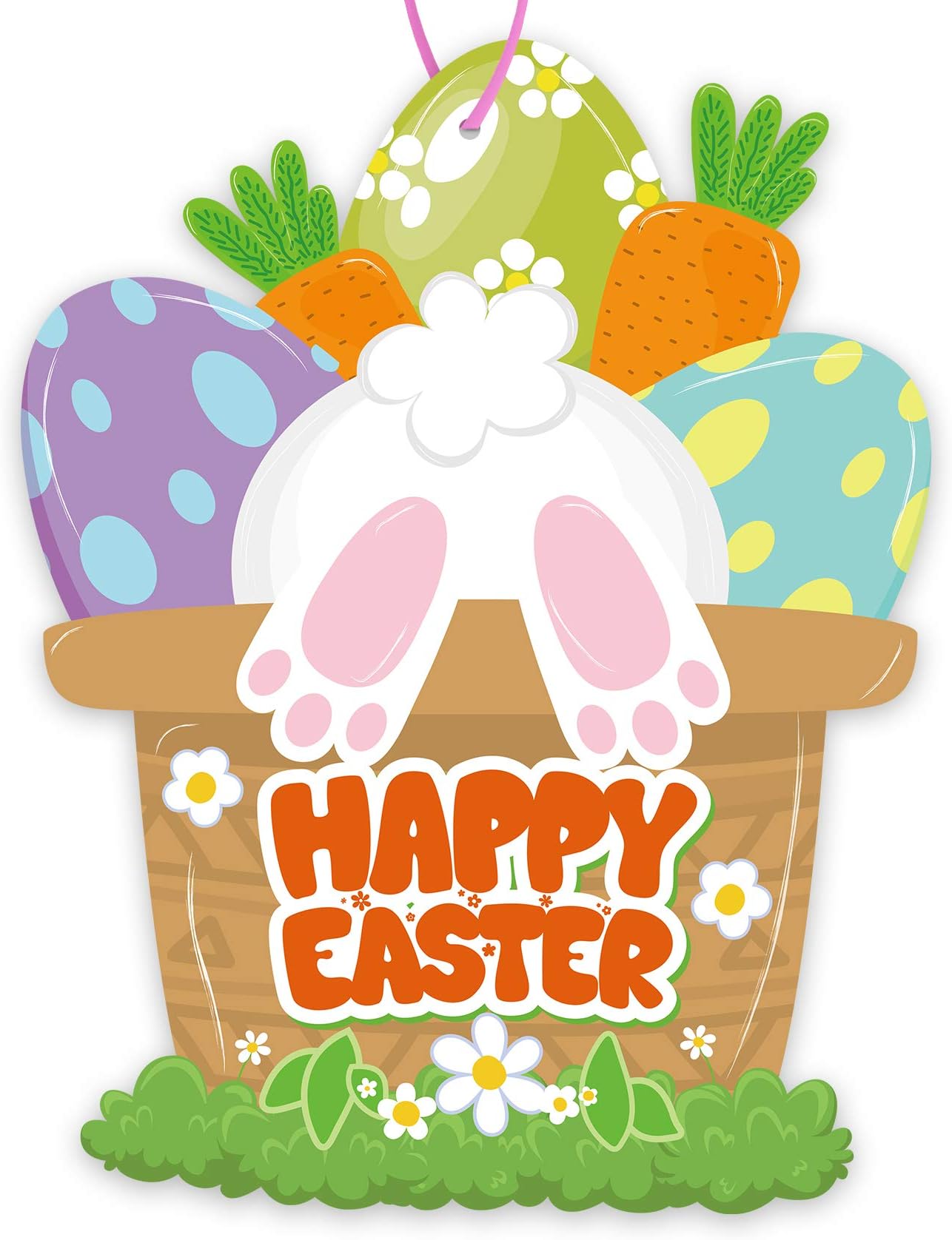 Funnlot Easter Wreath for Front Door Happy Easter Wooden Door Decorations Bunny Tail Door Wreath Happy Easter Door Hanger Adorable Spring Holiday Door Decor for Outdoor Indoor Easter Bunny Signs