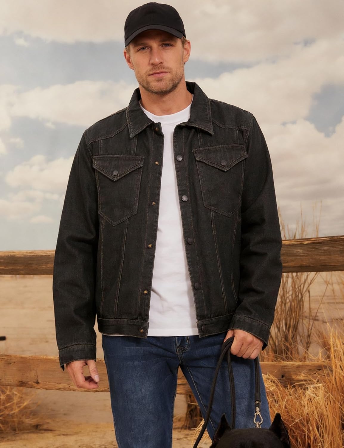 Flygo Mens Flannel Lined Denim Jacket Snap Cowboy Cut Western Classic Slim Fit Vintage Heavy Duty Jacket Trucker Coat - Image 2