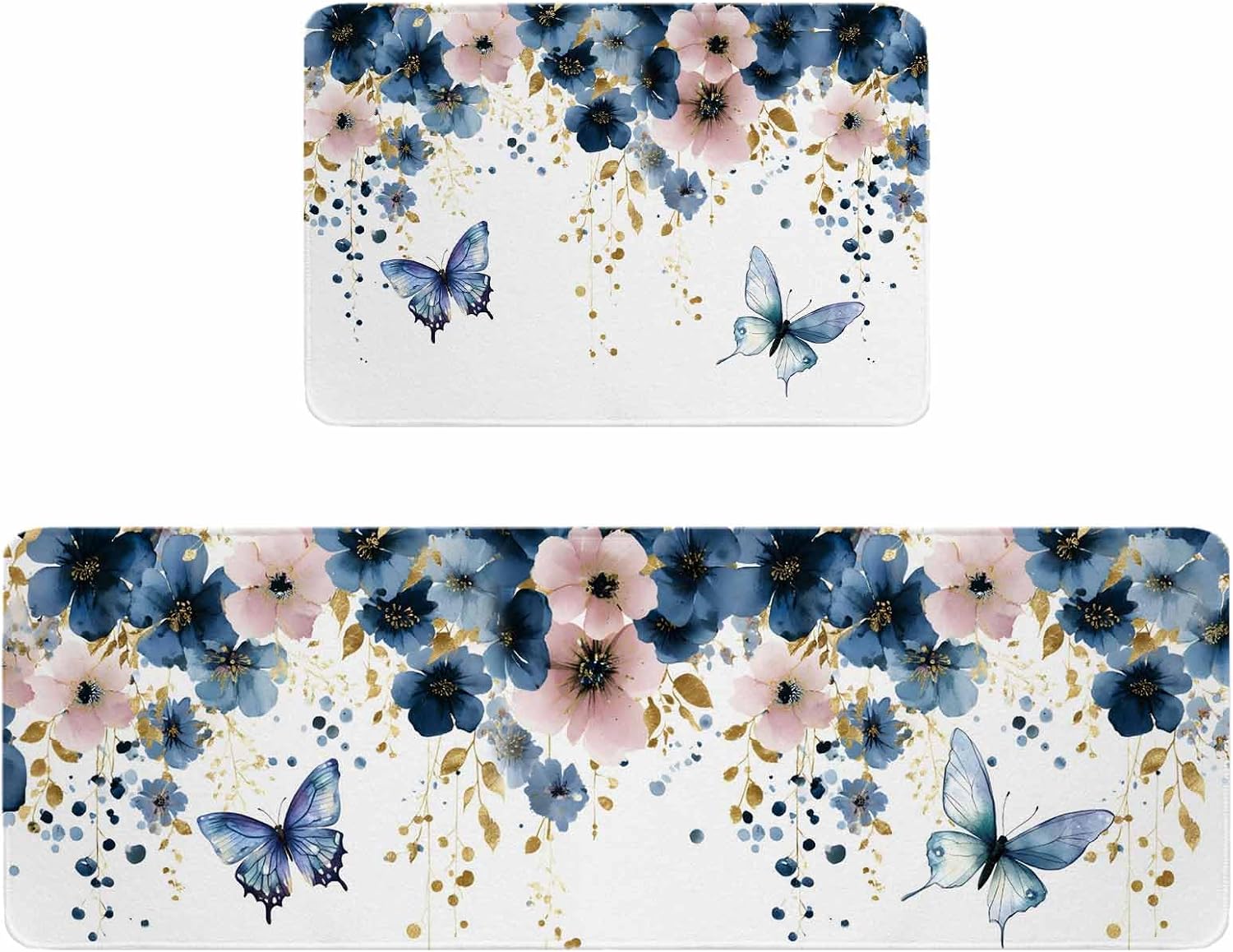 Weeping Blue Floral Kitchen Rugs and Mats Set of 2, Non-Slip Kitchen Sink Mat, Spring Butterflies Flowers Linen Washable Doormat Bathroom Rugs Runner for Bedroom/Living Room 23.6"x35.4"+23.6"x70.9"