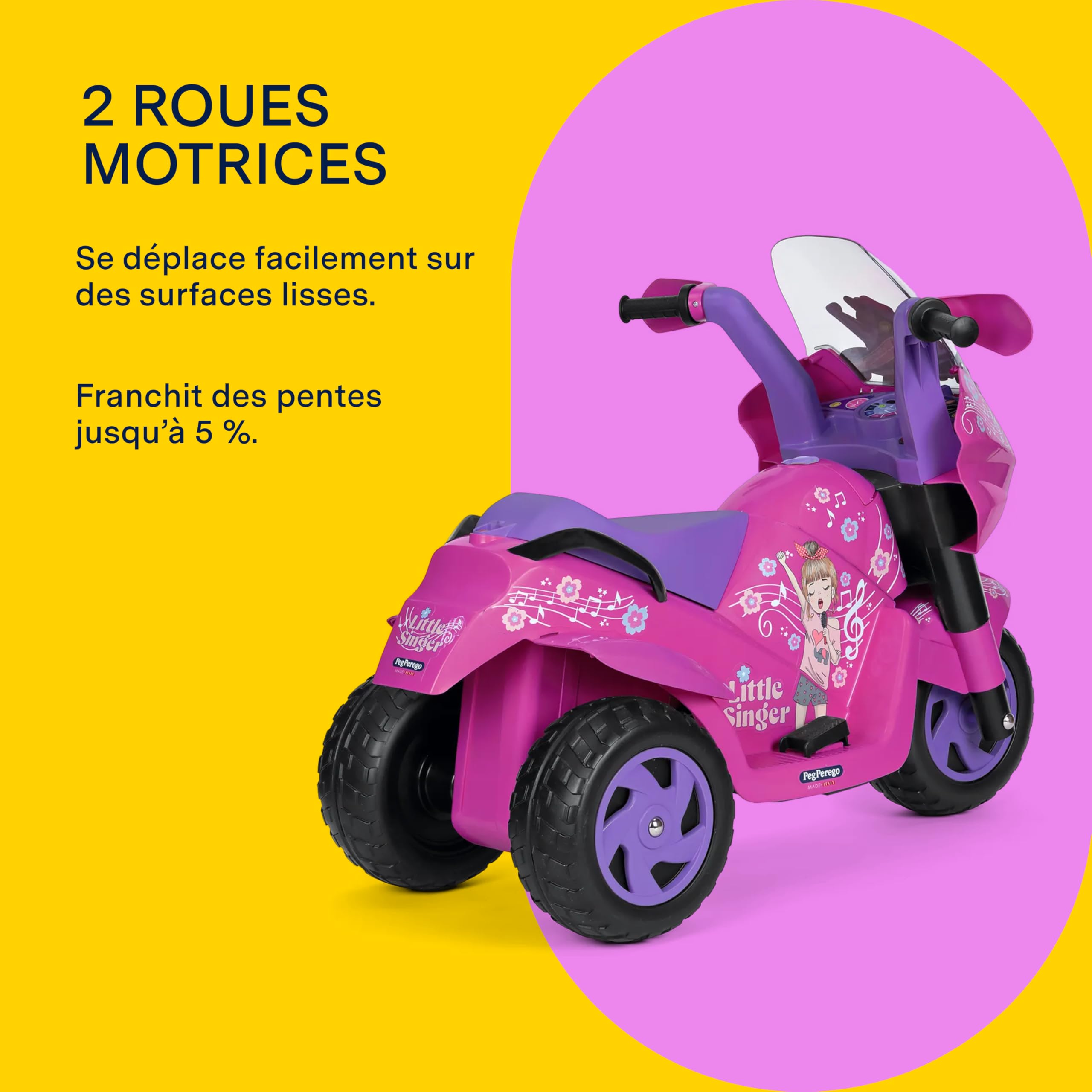 PEG Little Singer, la Moto électrique pour Enfants, Digne d’Une Super Star ! avec lumières et Sons, à partir de 2 Ans, 6V.